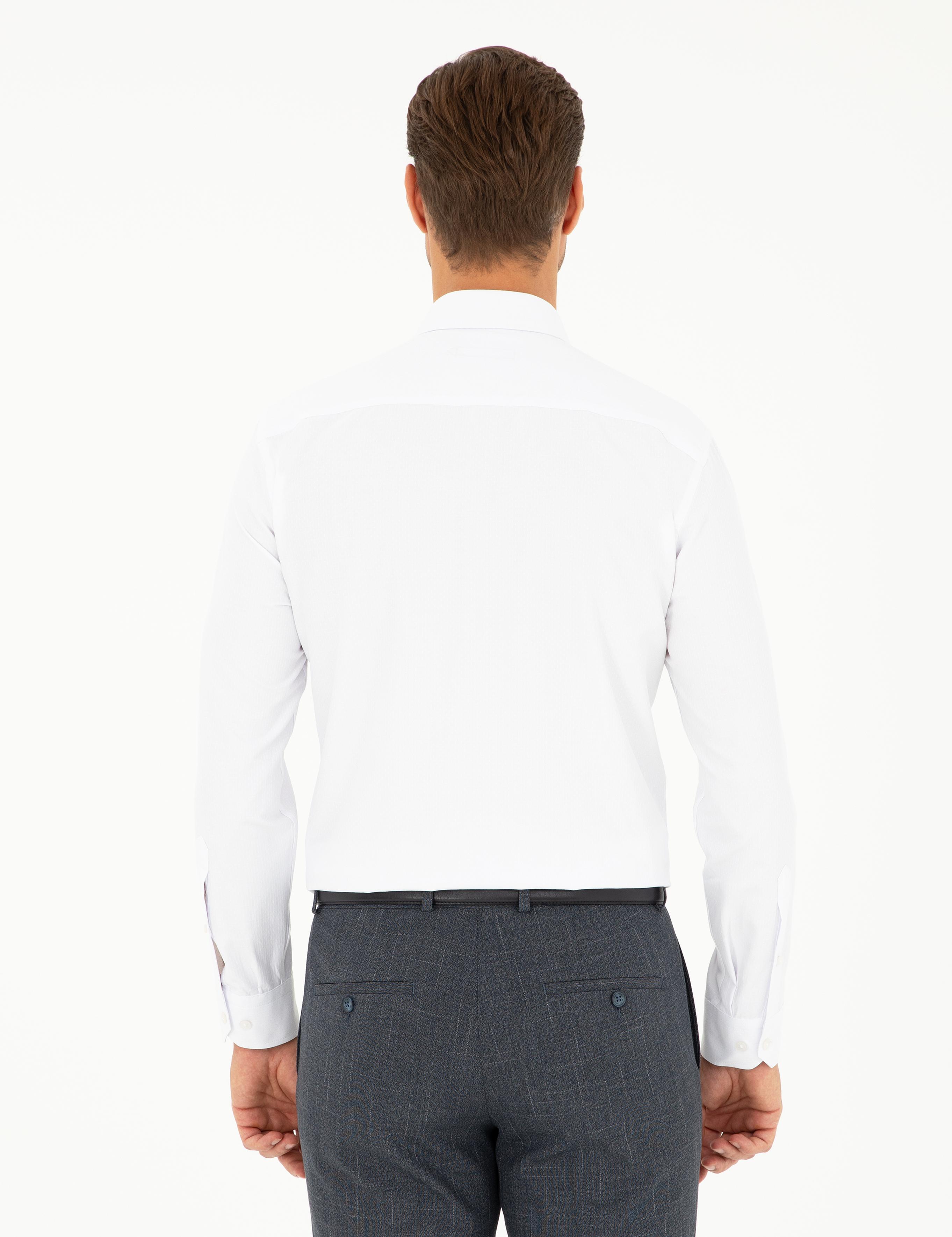 Beyaz Slim Fit Armürlü Uzun Kollu Gömlek