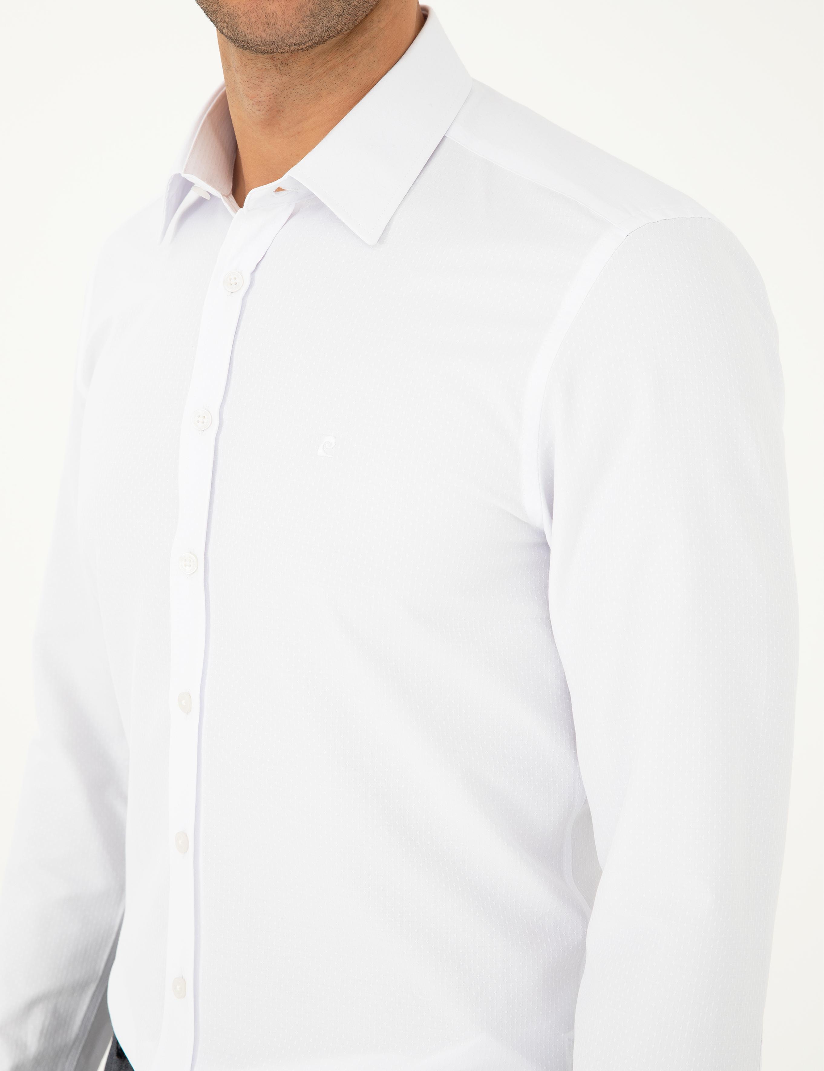 Beyaz Slim Fit Armürlü Uzun Kollu Gömlek