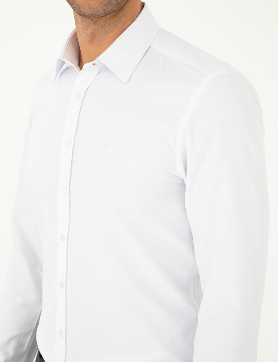 Beyaz Slim Fit Armürlü Uzun Kollu Gömlek