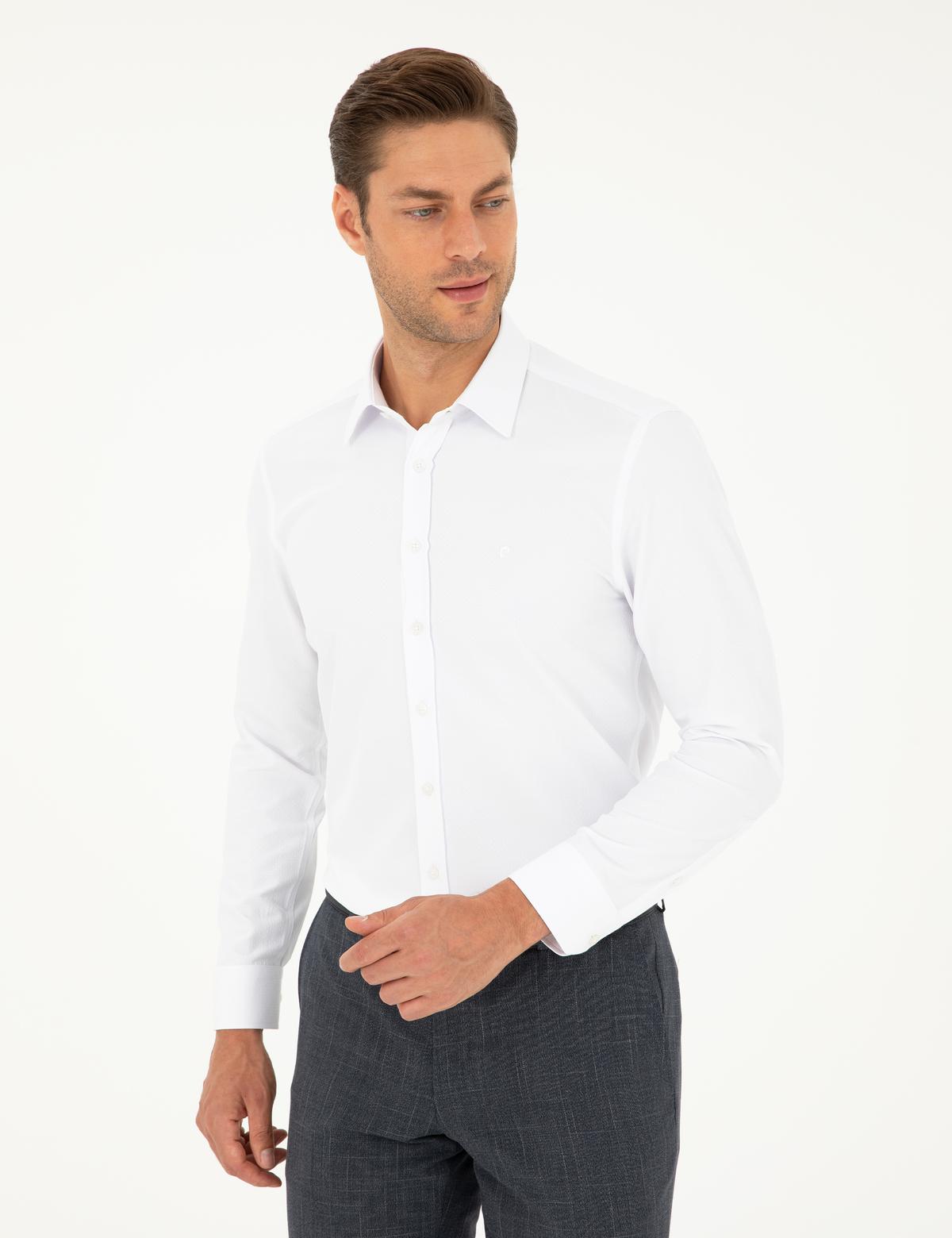 Beyaz Slim Fit Armürlü Uzun Kollu Gömlek - 50298054006