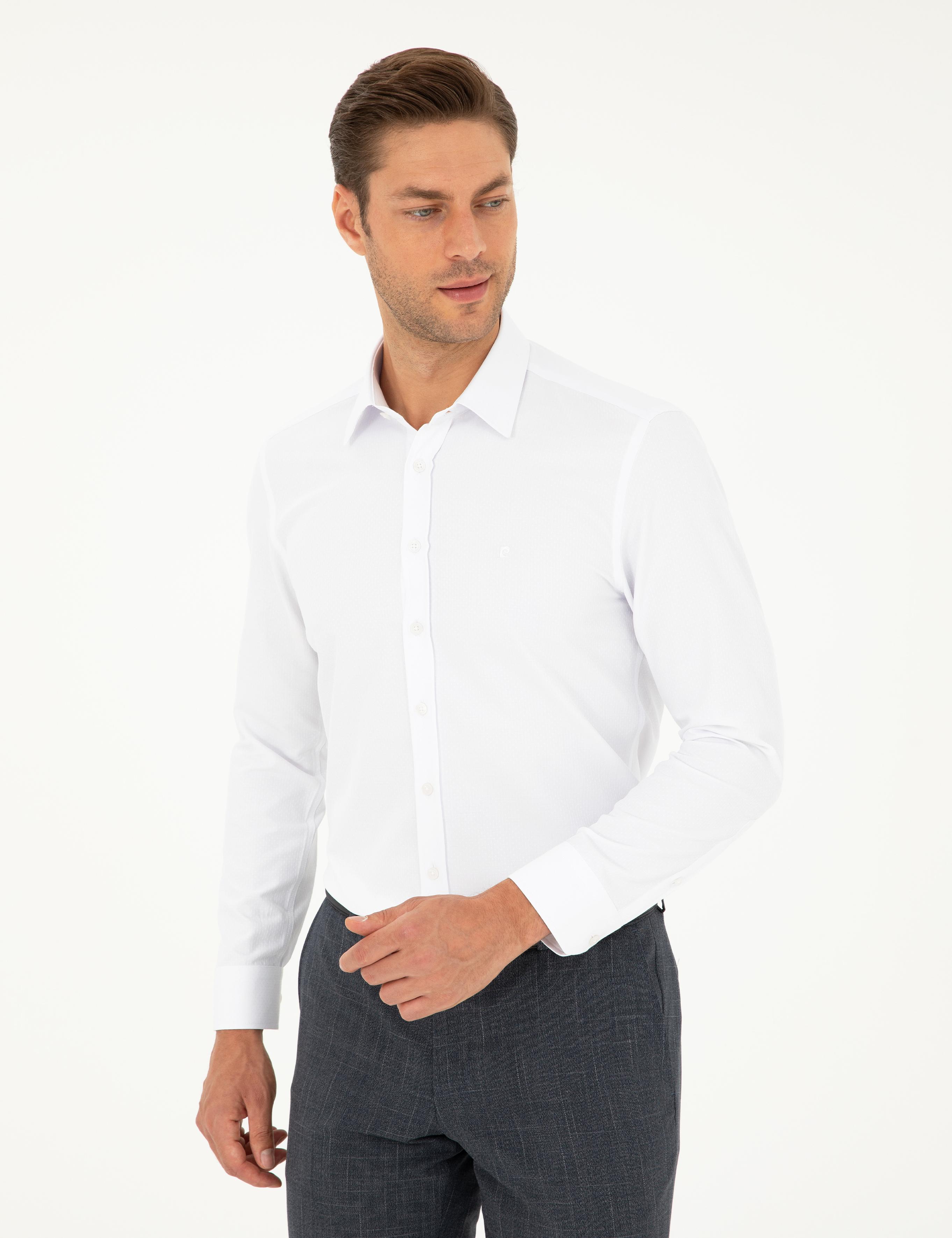 Beyaz Slim Fit Armürlü Uzun Kollu Gömlek