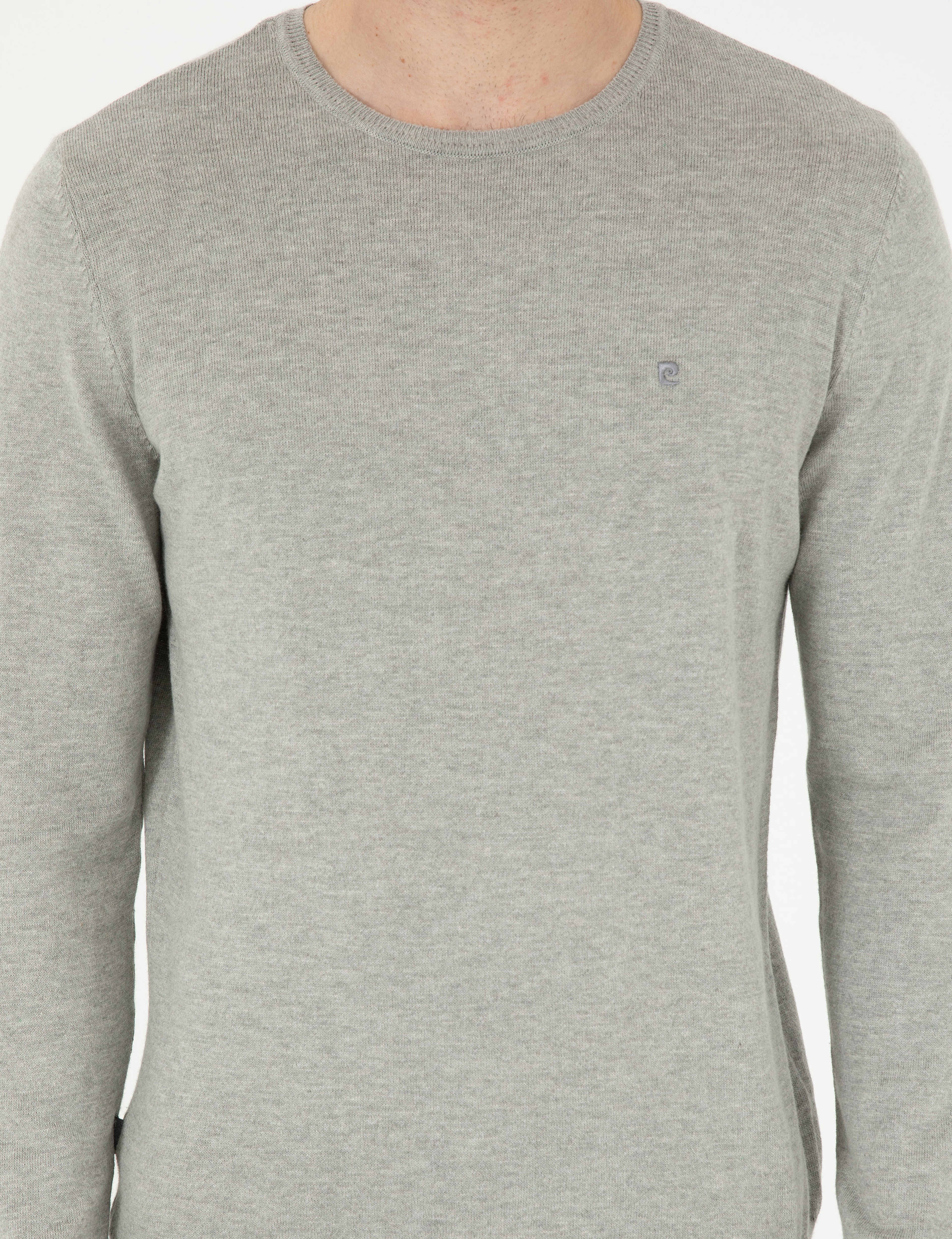 Açık Gri Melanj Slim Fit Bisiklet Yaka Basic Triko Kazak