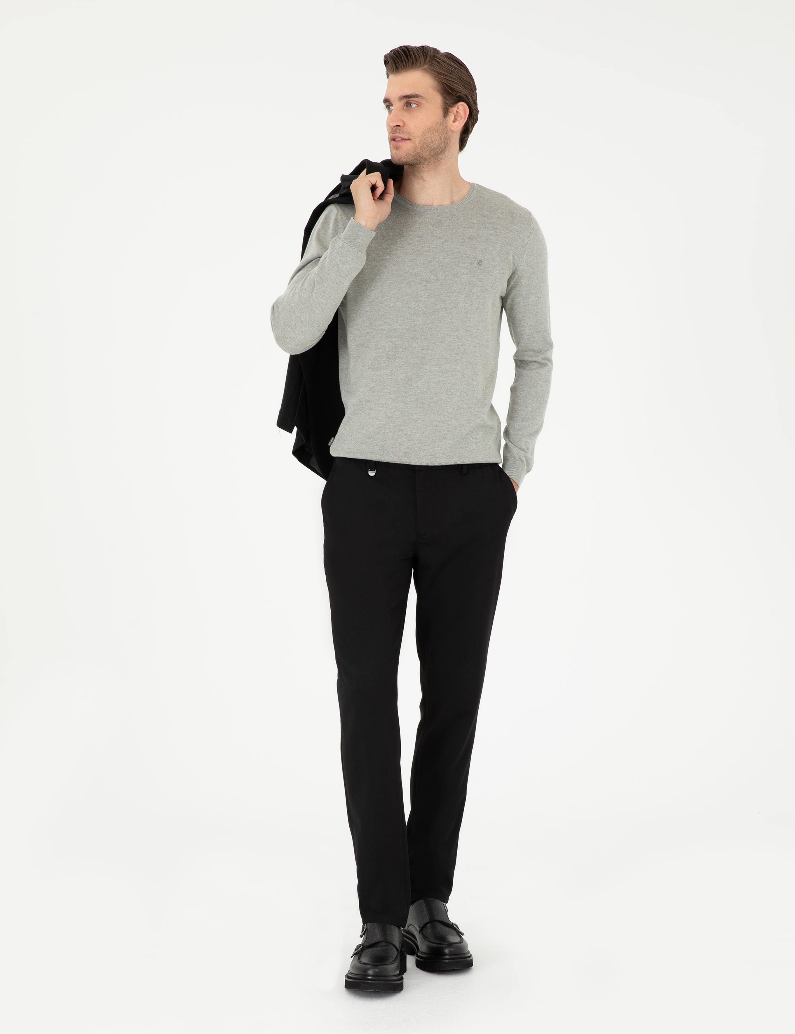 Açık Gri Melanj Slim Fit Bisiklet Yaka Basic Triko Kazak