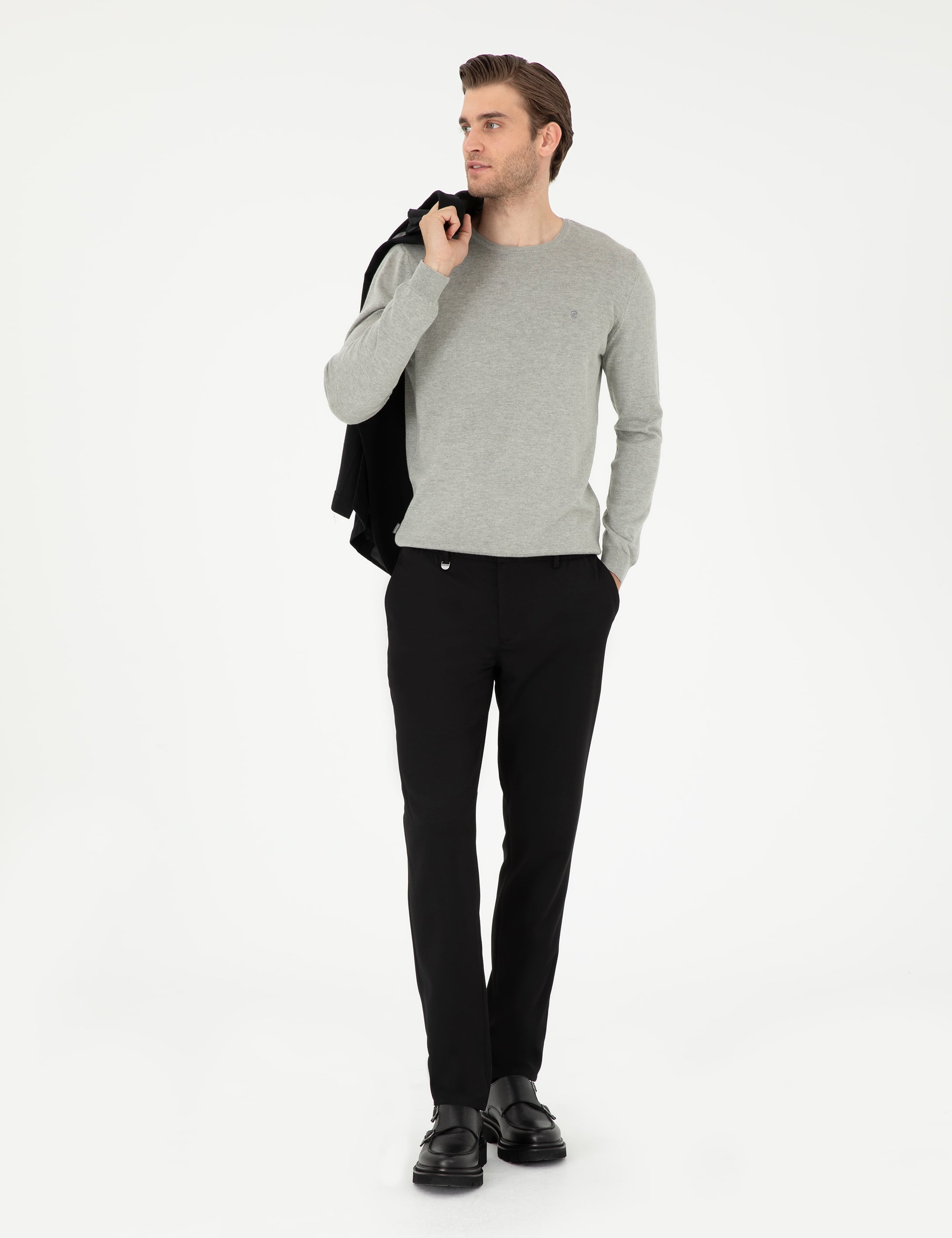 Açık Gri Melanj Slim Fit Bisiklet Yaka Basic Triko Kazak