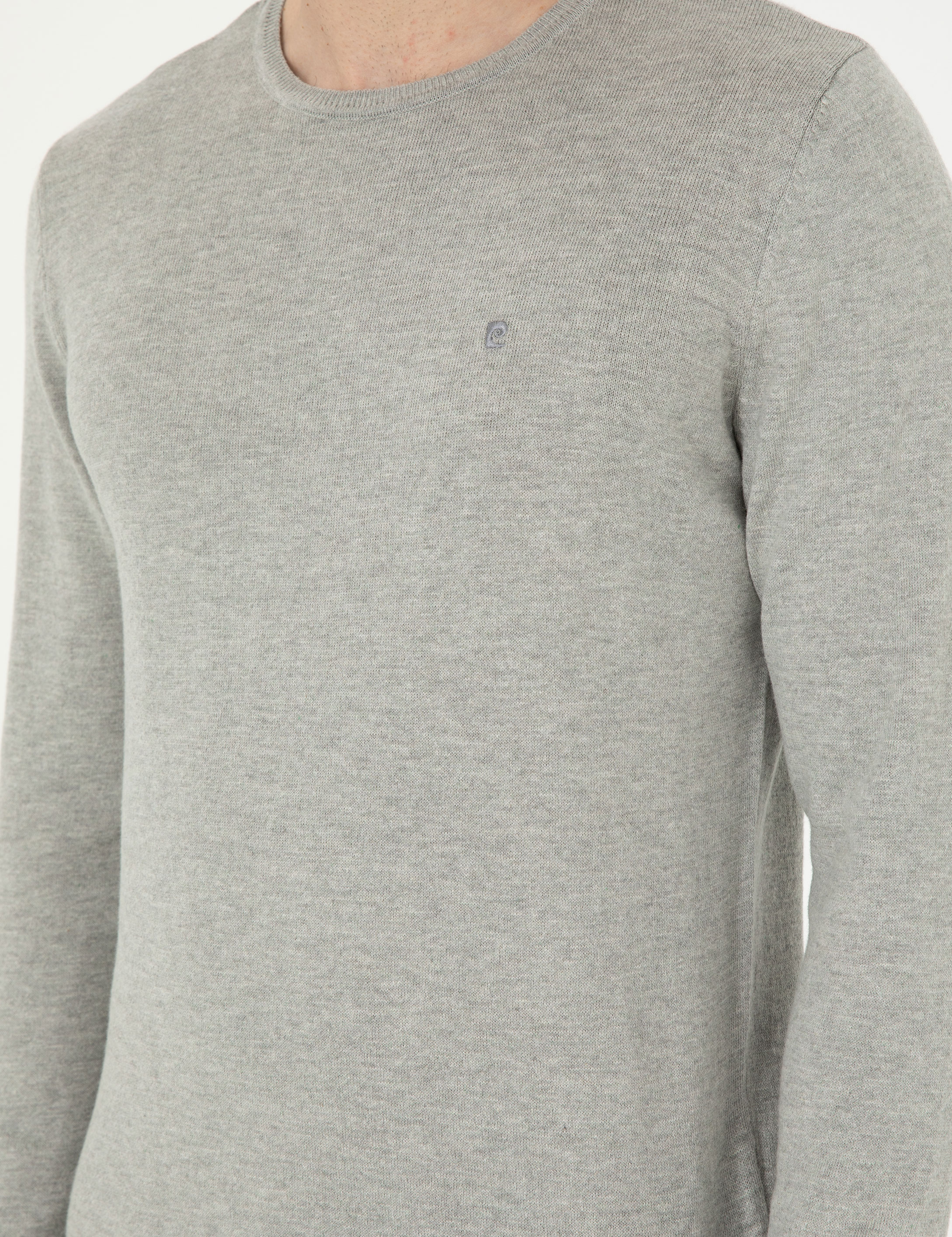 Açık Gri Melanj Slim Fit Bisiklet Yaka Basic Triko Kazak