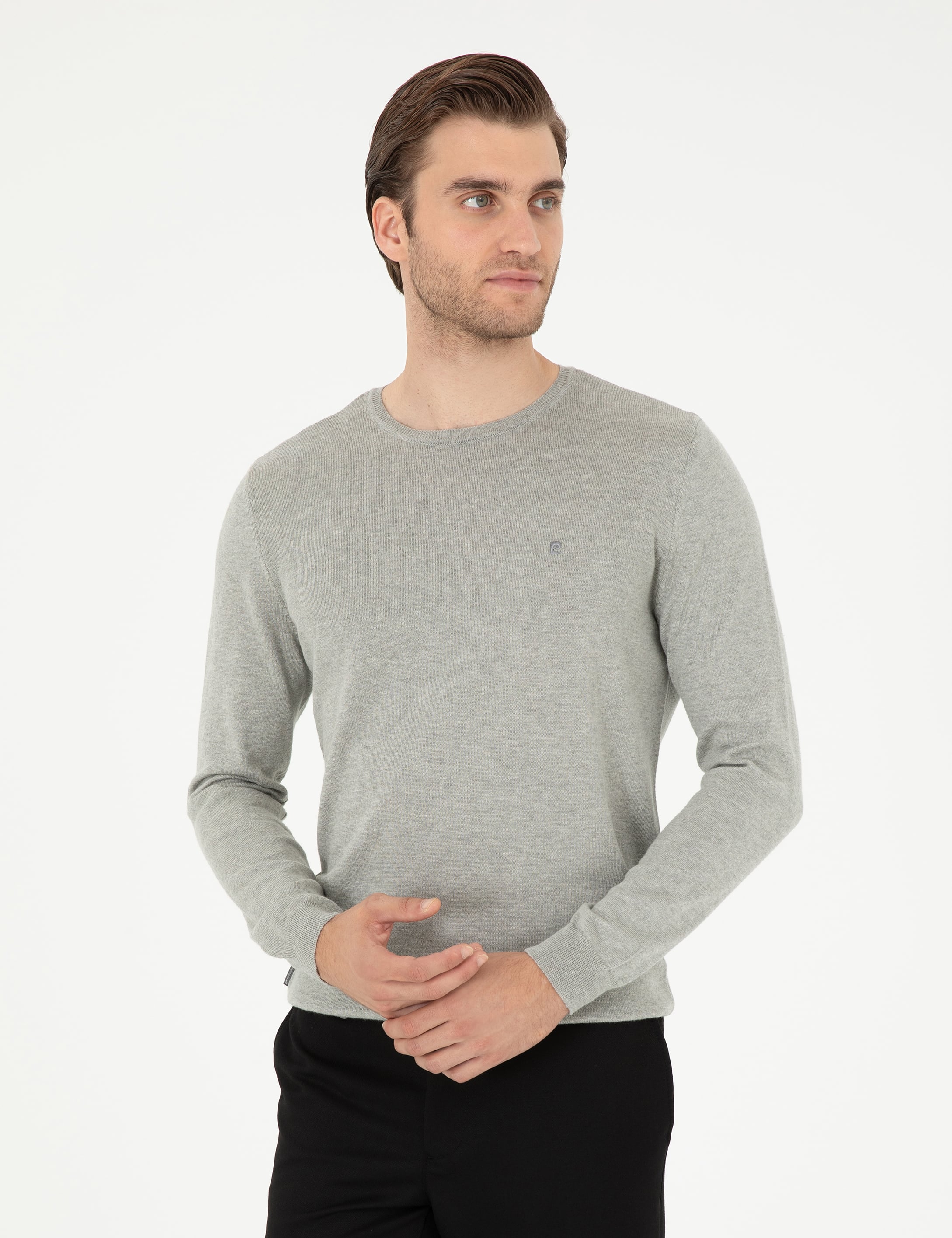 Açık Gri Melanj Slim Fit Bisiklet Yaka Basic Triko Kazak
