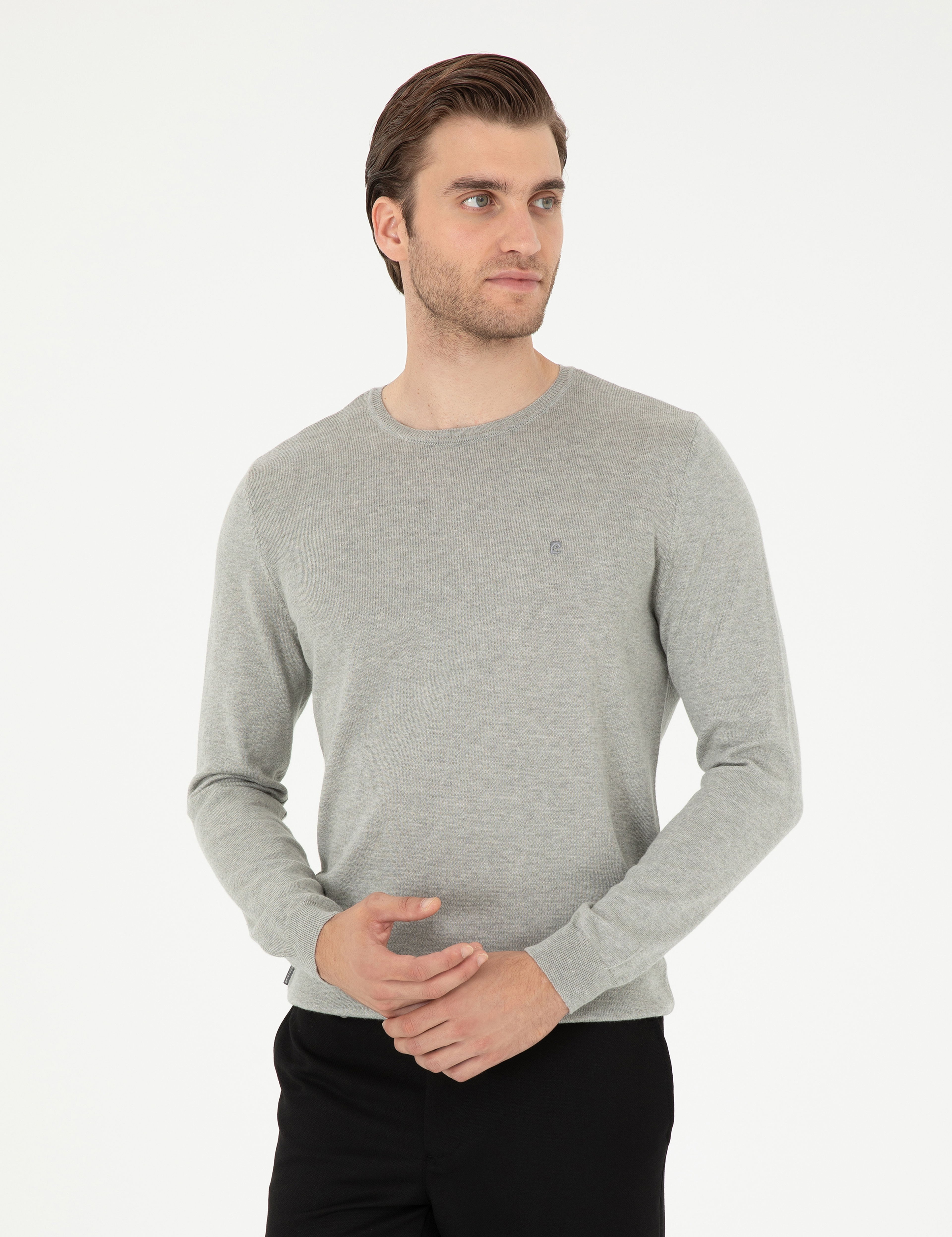 Açık Gri Melanj Slim Fit Bisiklet Yaka Basic Triko Kazak - Image 1