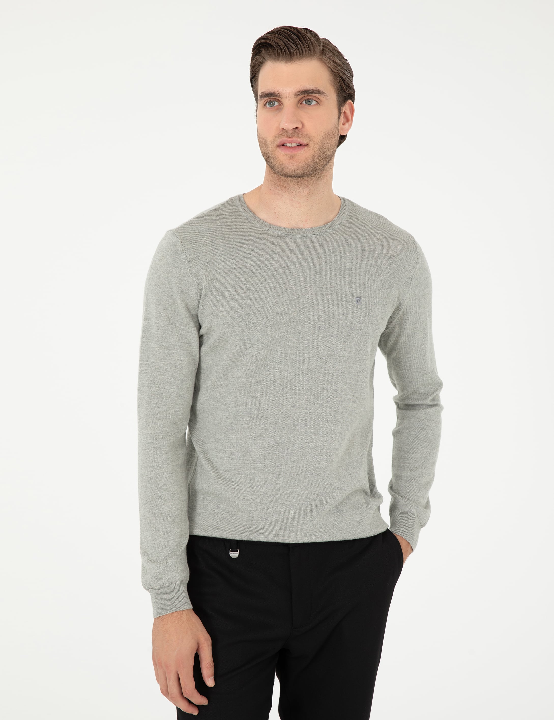 Açık Gri Melanj Slim Fit Bisiklet Yaka Basic Triko Kazak
