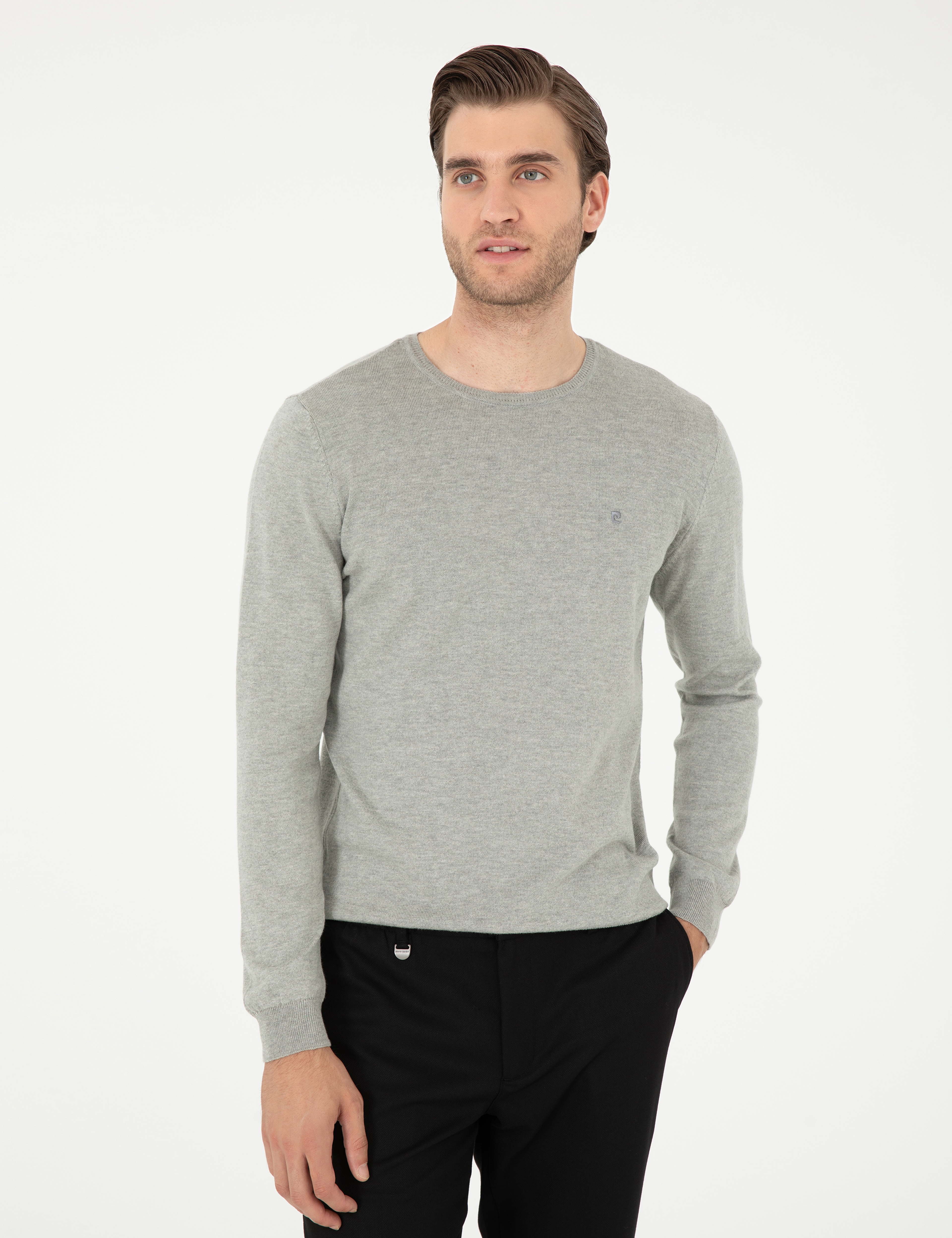 Açık Gri Melanj Slim Fit Bisiklet Yaka Basic Triko Kazak - Image 3