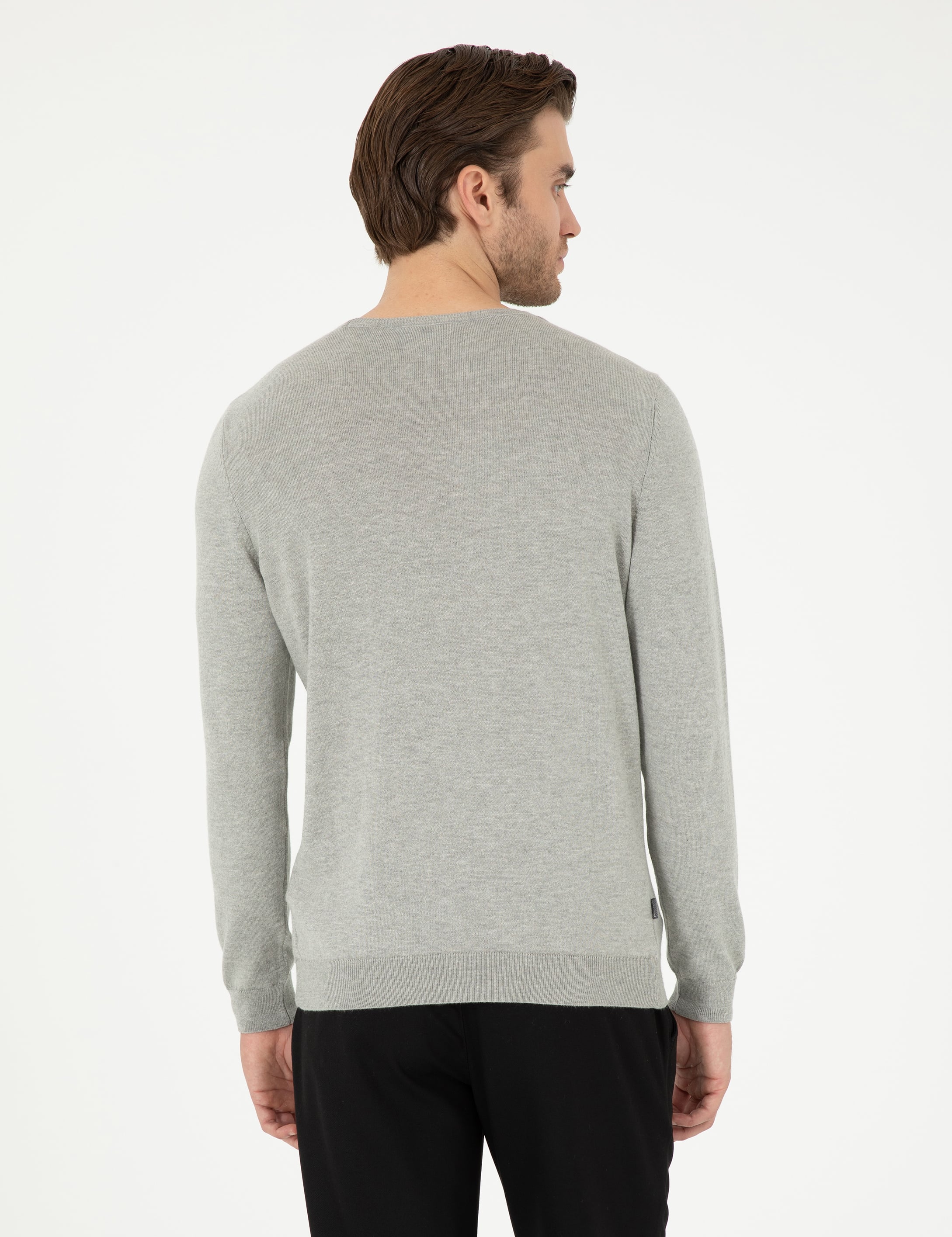 Açık Gri Melanj Slim Fit Bisiklet Yaka Basic Triko Kazak