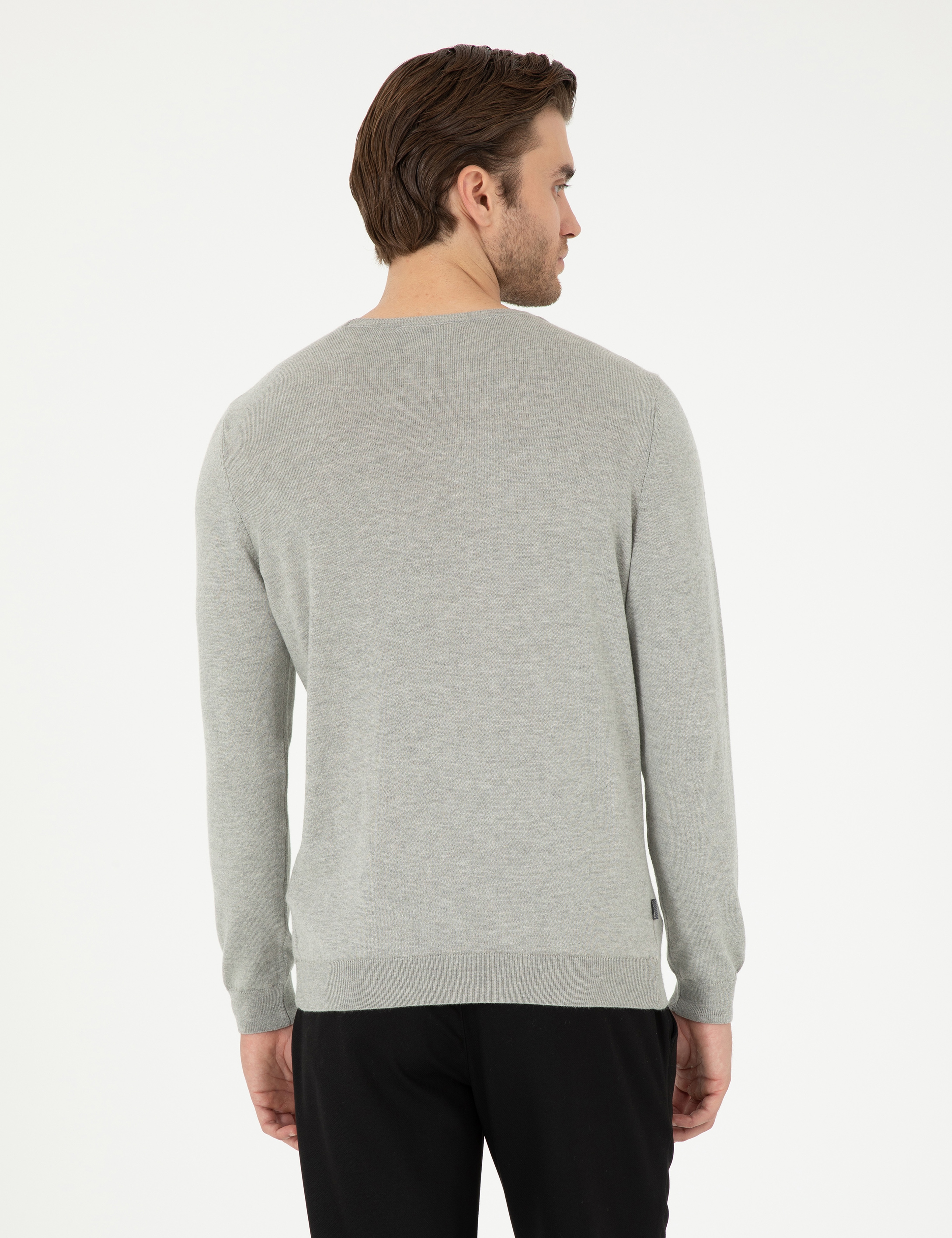 Açık Gri Melanj Slim Fit Bisiklet Yaka Basic Triko Kazak