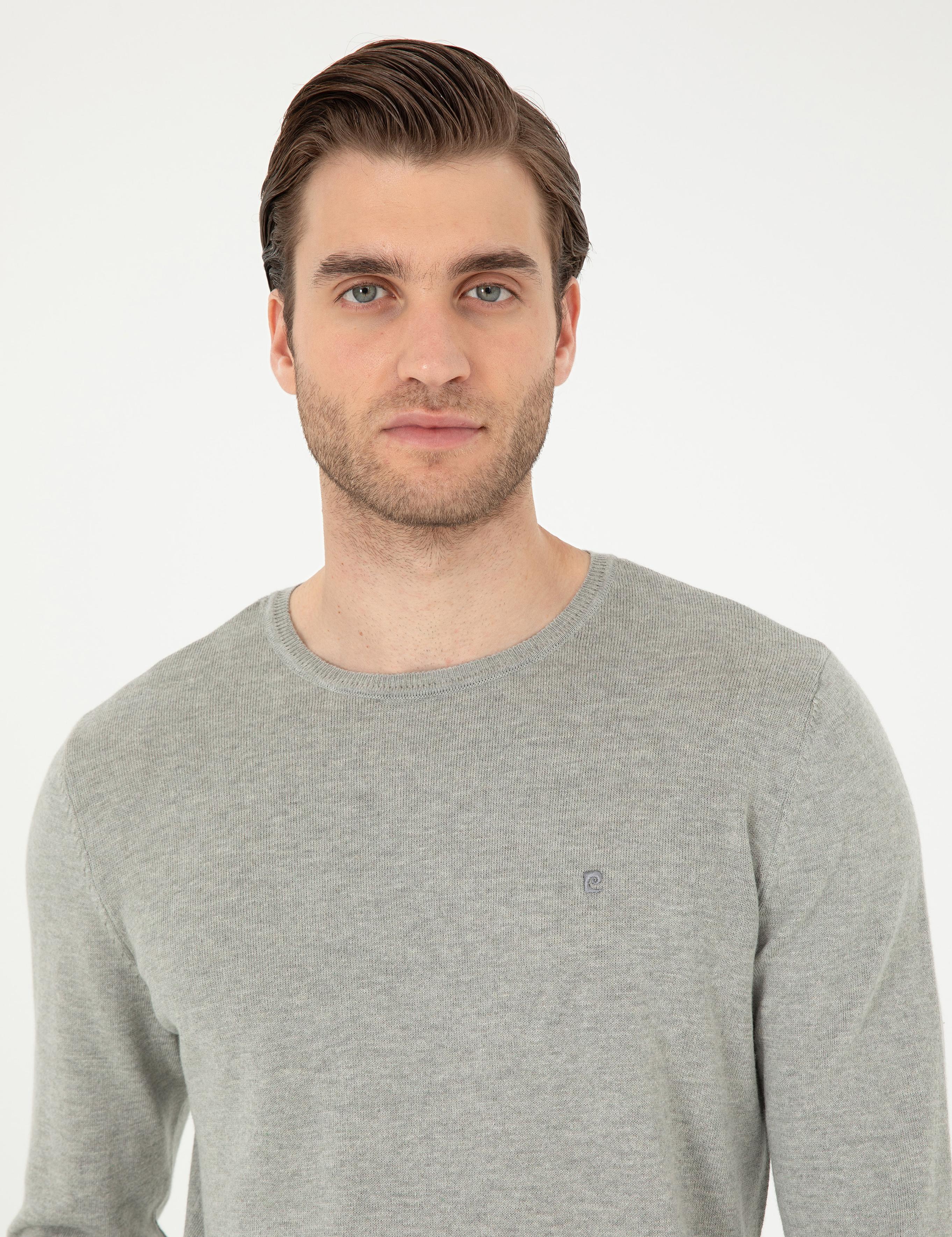 Açık Gri Melanj Slim Fit Bisiklet Yaka Basic Triko Kazak