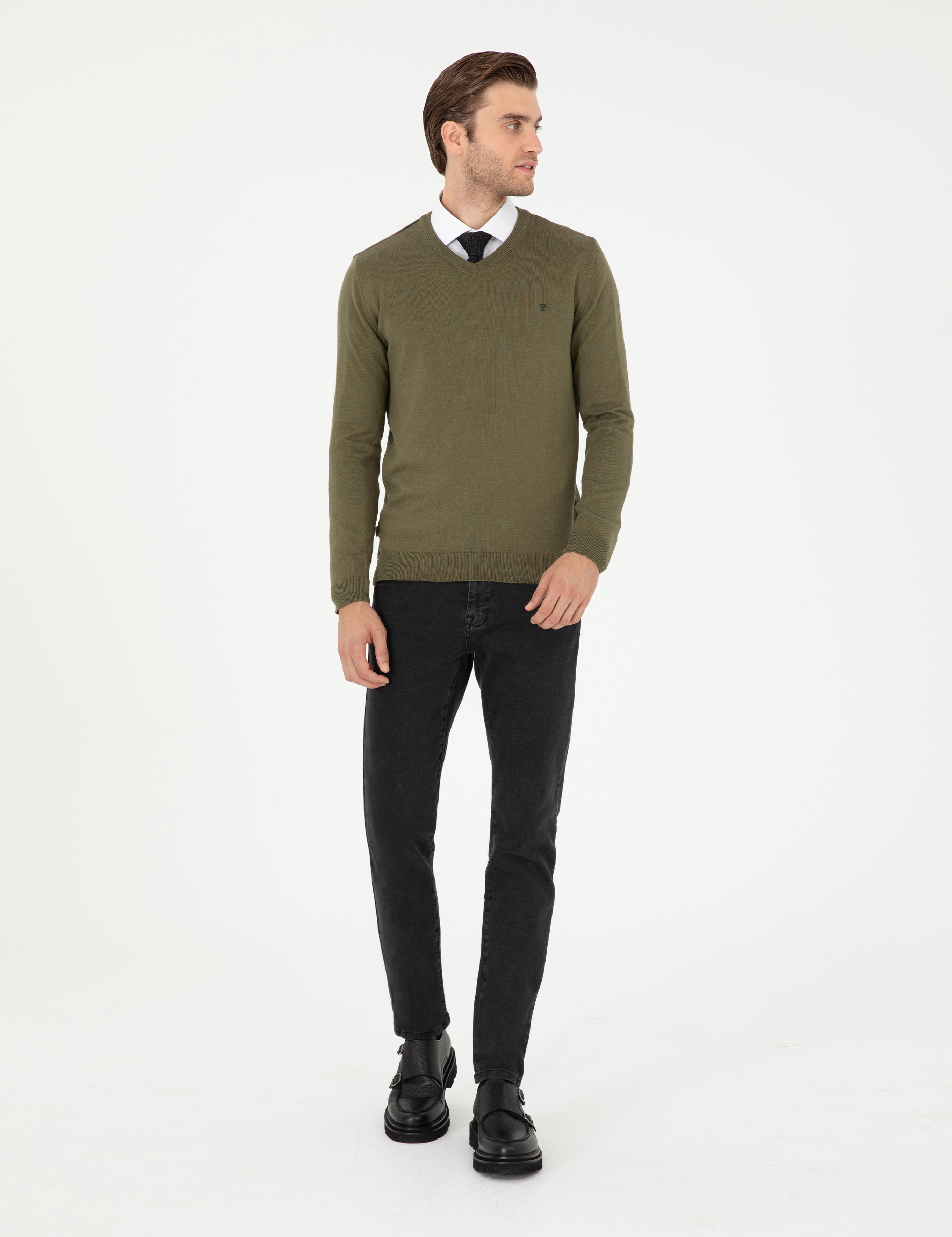 Koyu Haki Slim Fit V Yaka Basic Triko Kazak