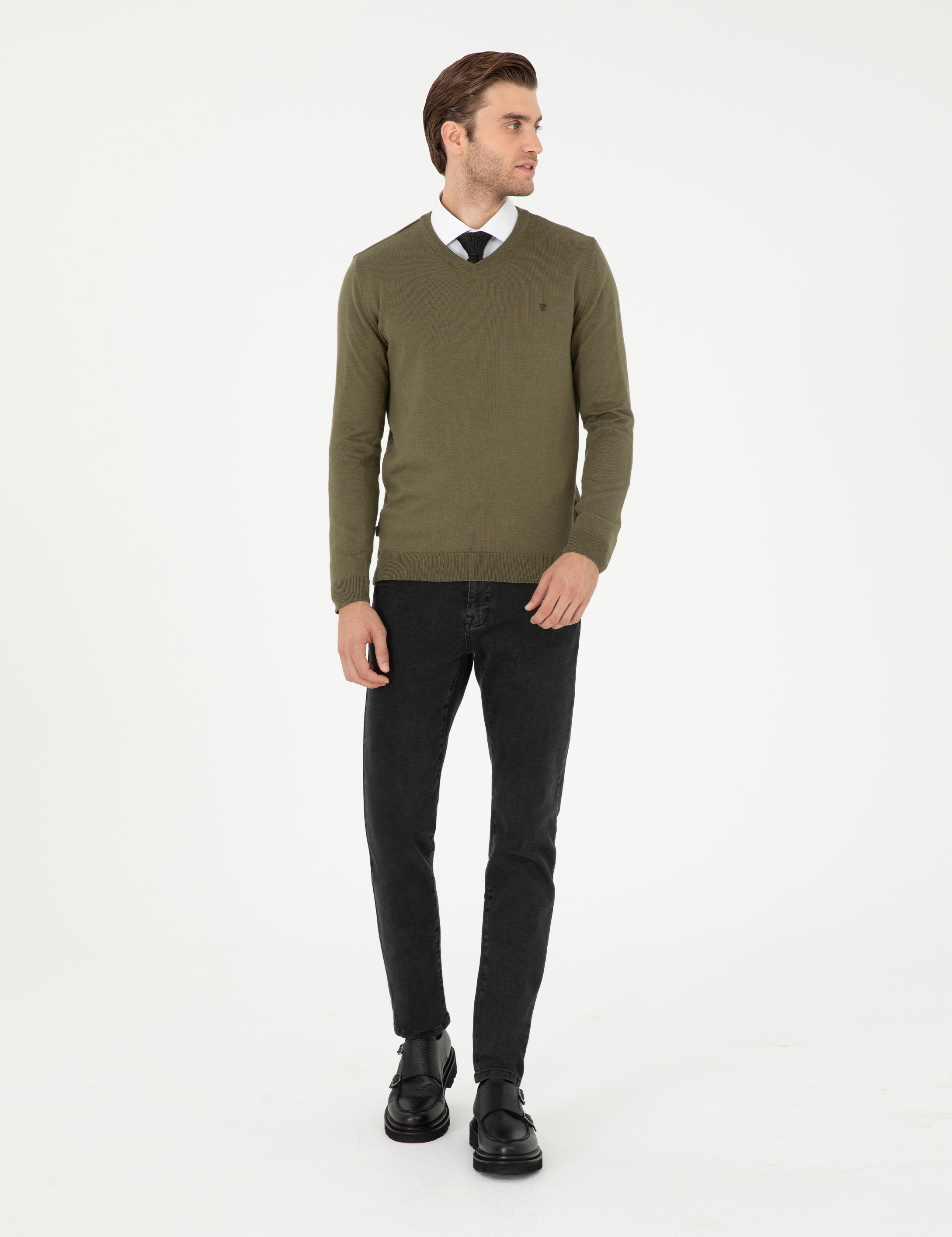 Koyu Haki Slim Fit V Yaka Basic Triko Kazak - Image 4