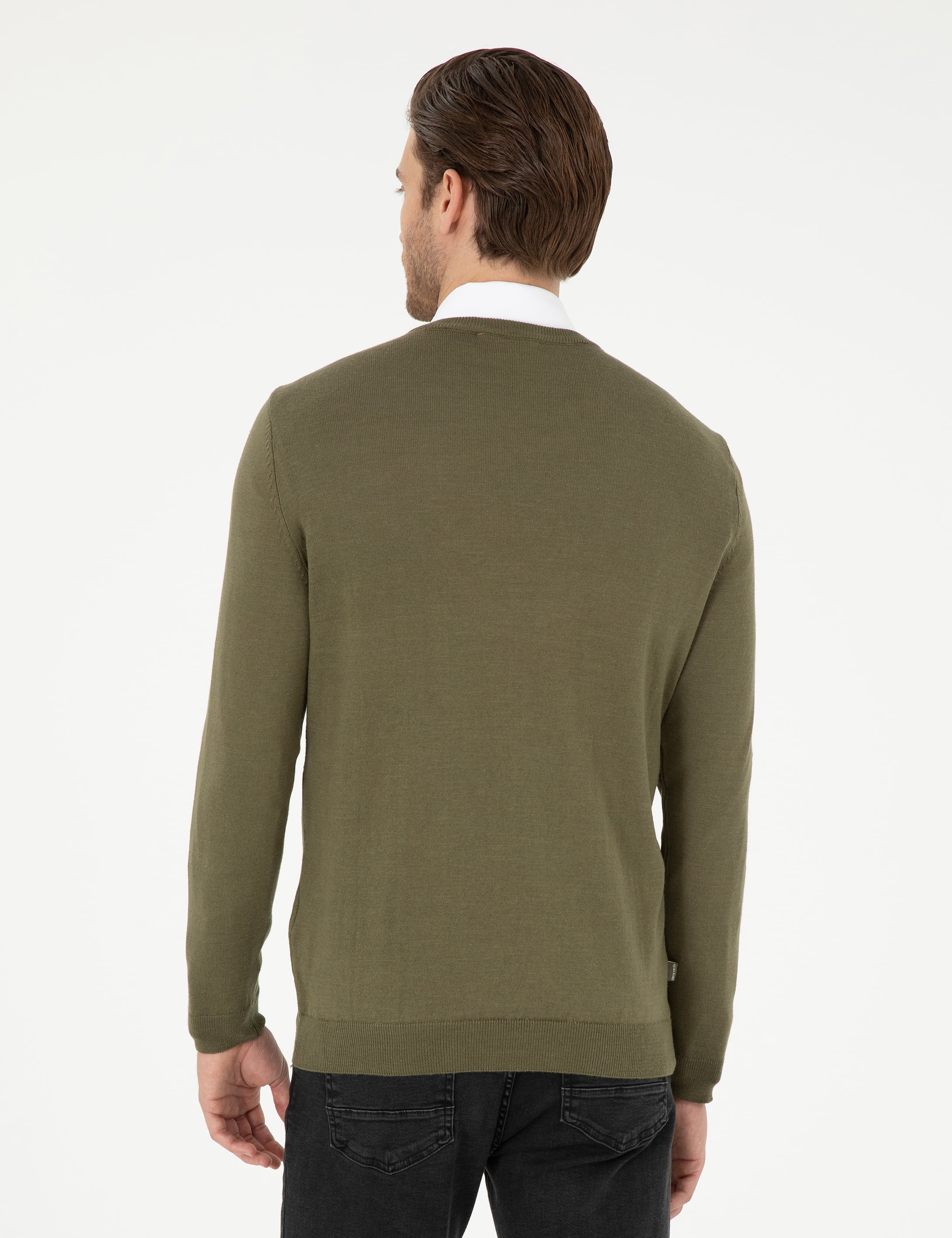 Koyu Haki Slim Fit V Yaka Basic Triko Kazak