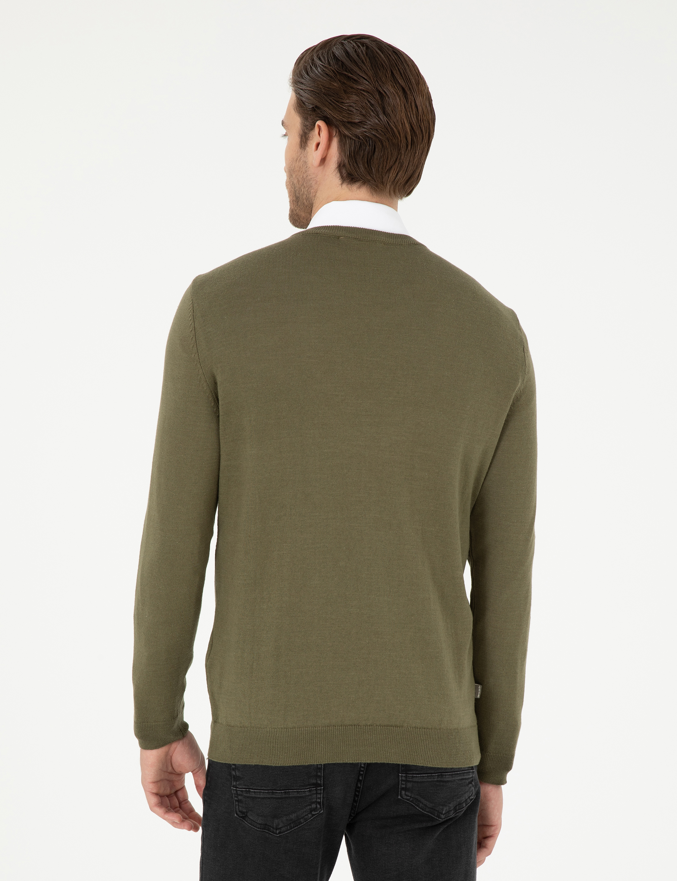 Koyu Haki Slim Fit V Yaka Basic Triko Kazak - Image 5