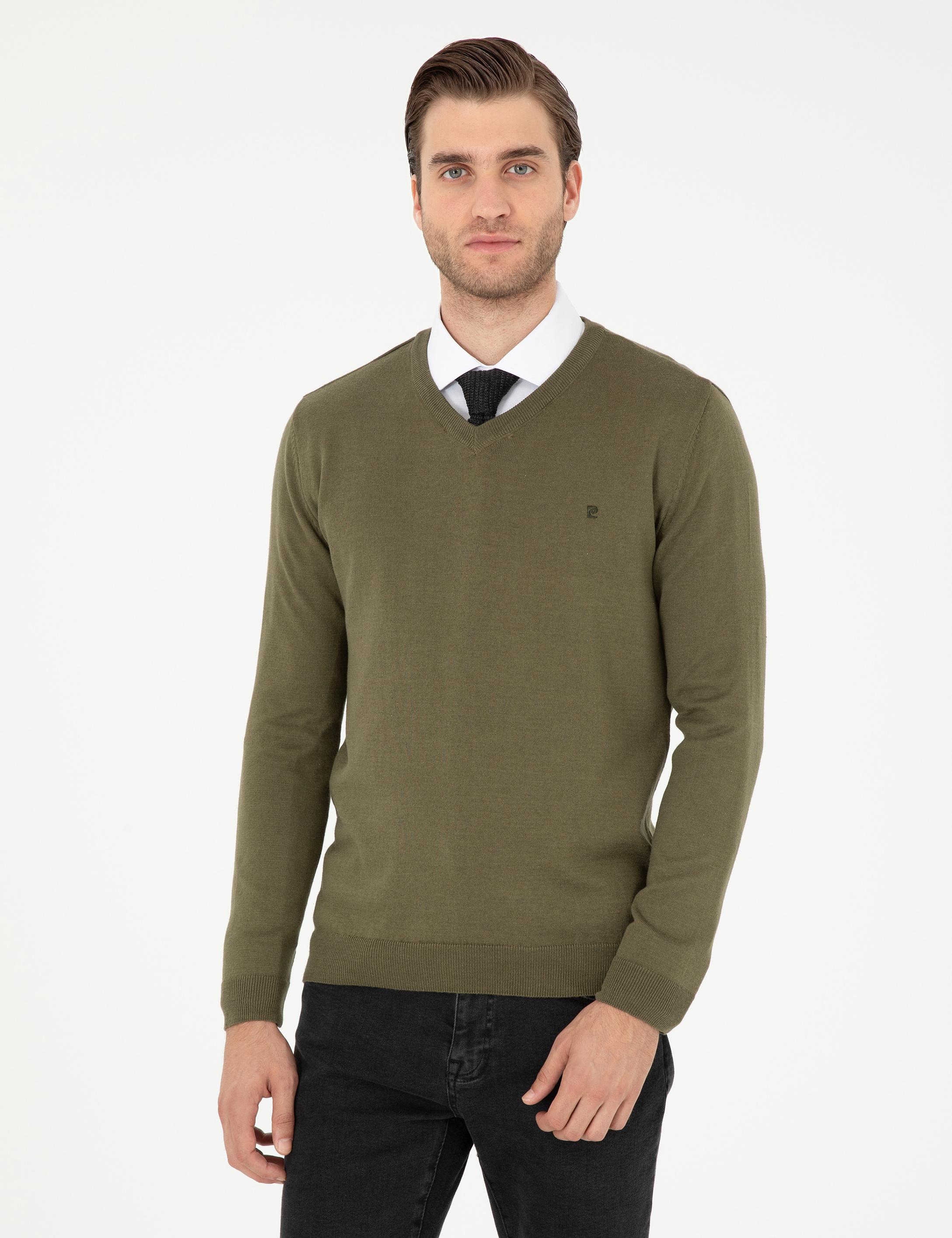 Koyu Haki Slim Fit V Yaka Basic Triko Kazak - Image 1