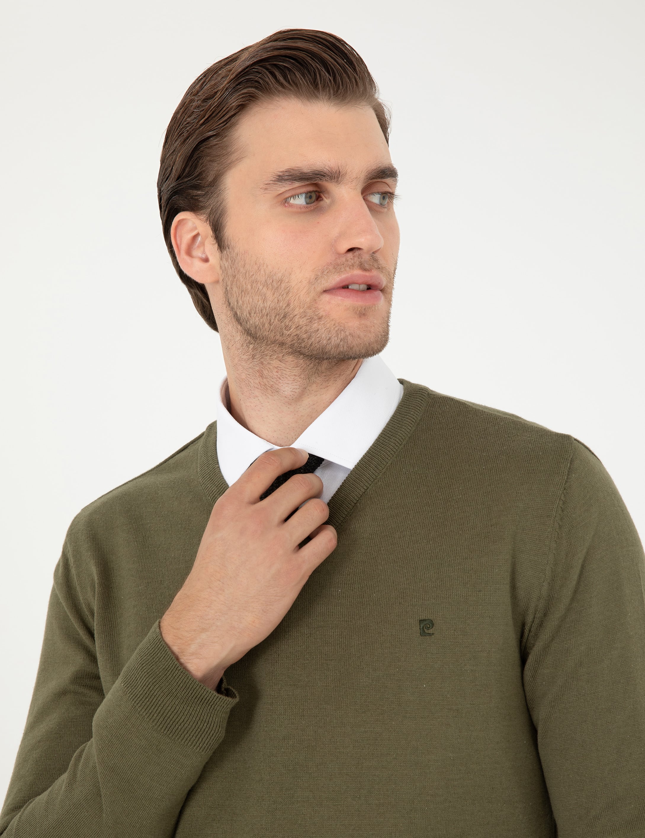 Koyu Haki Slim Fit V Yaka Basic Triko Kazak