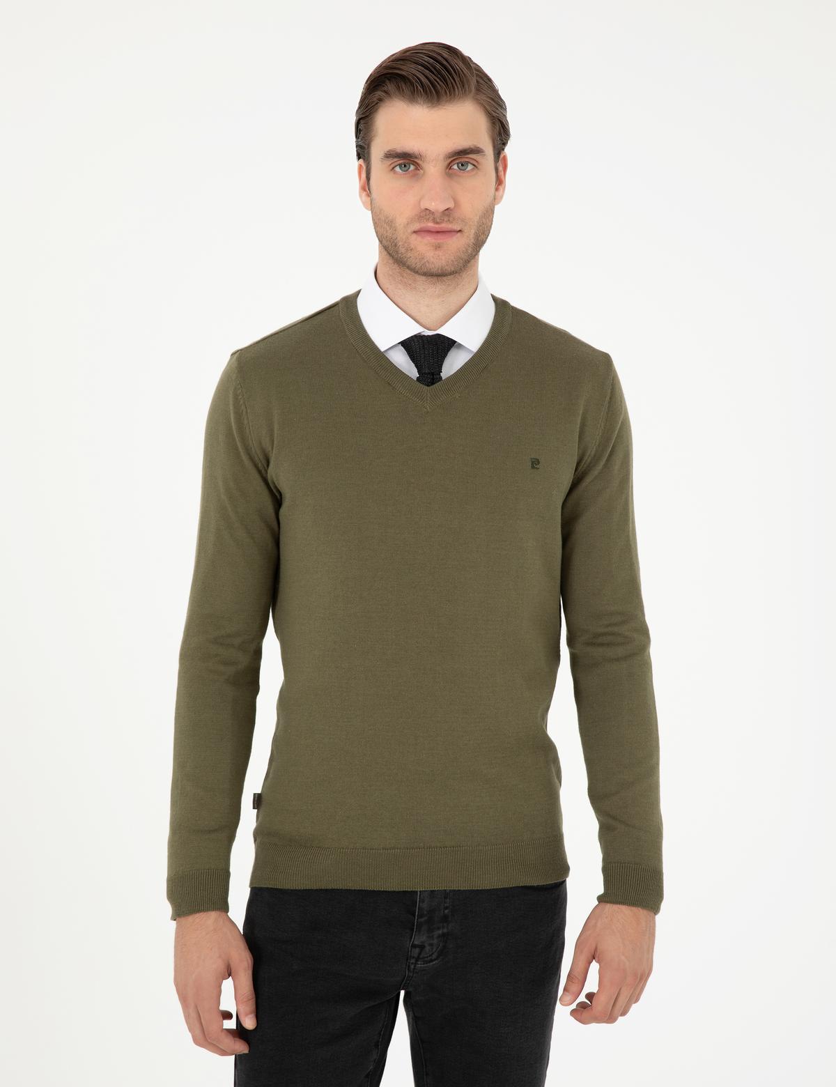 Koyu Haki Slim Fit V Yaka Basic Triko Kazak - 50296622033