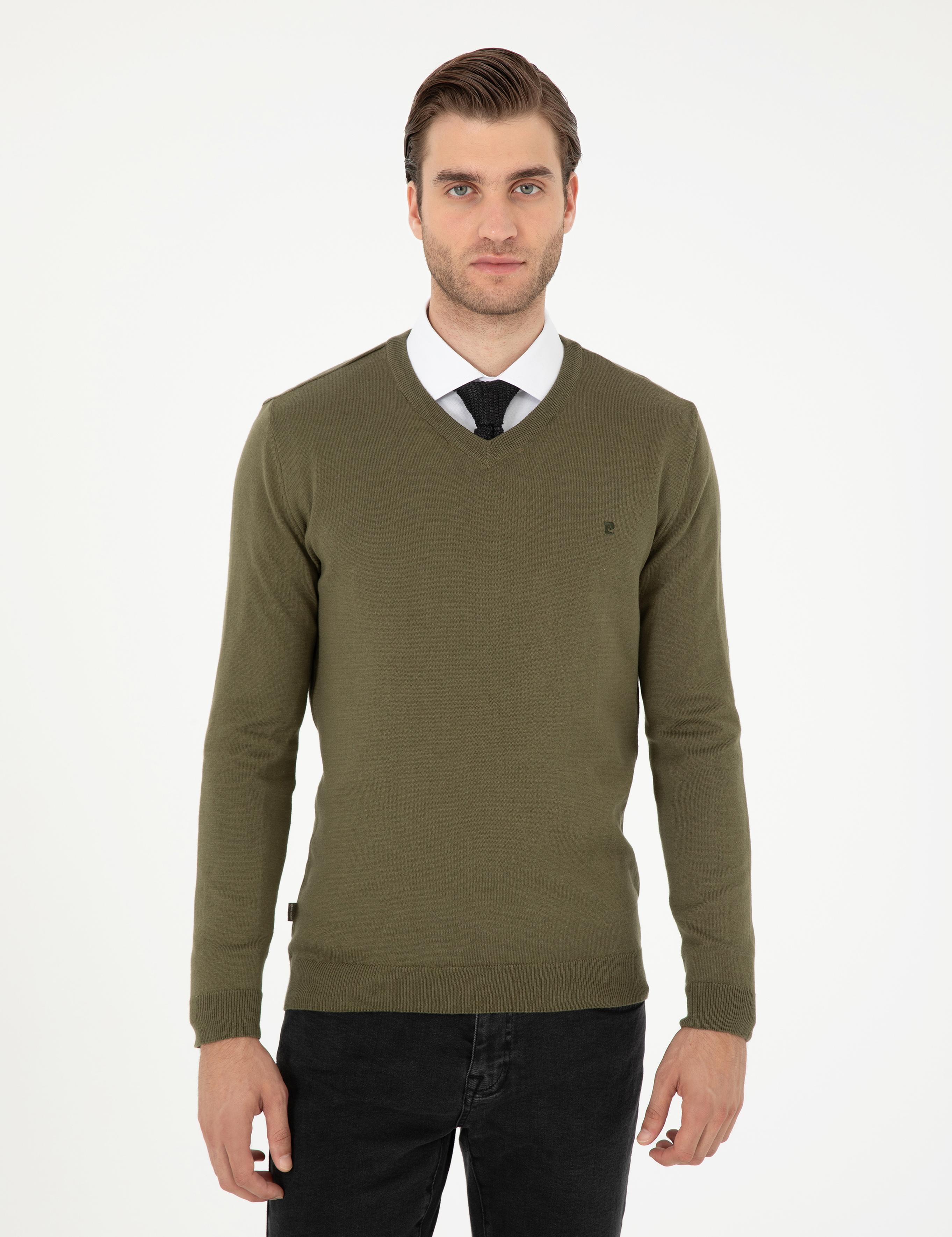 Koyu Haki Slim Fit V Yaka Basic Triko Kazak