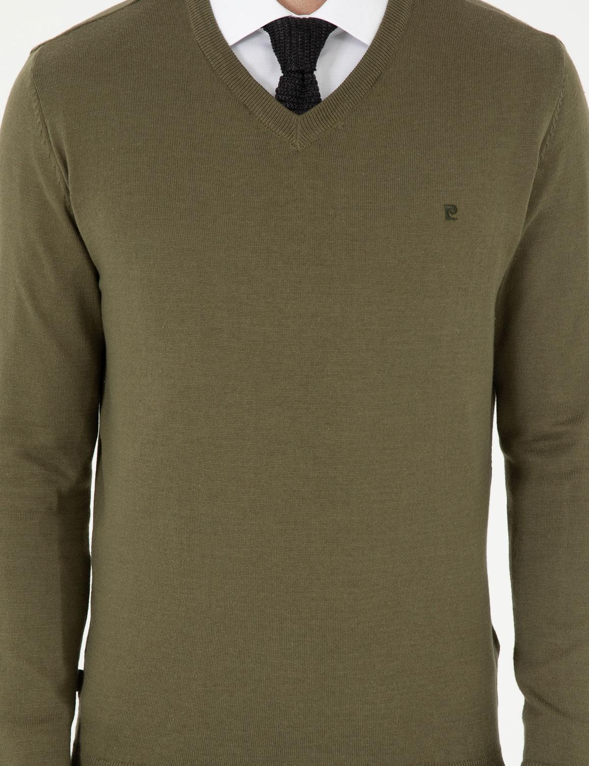 Koyu Haki Slim Fit V Yaka Basic Triko Kazak - 50296622033