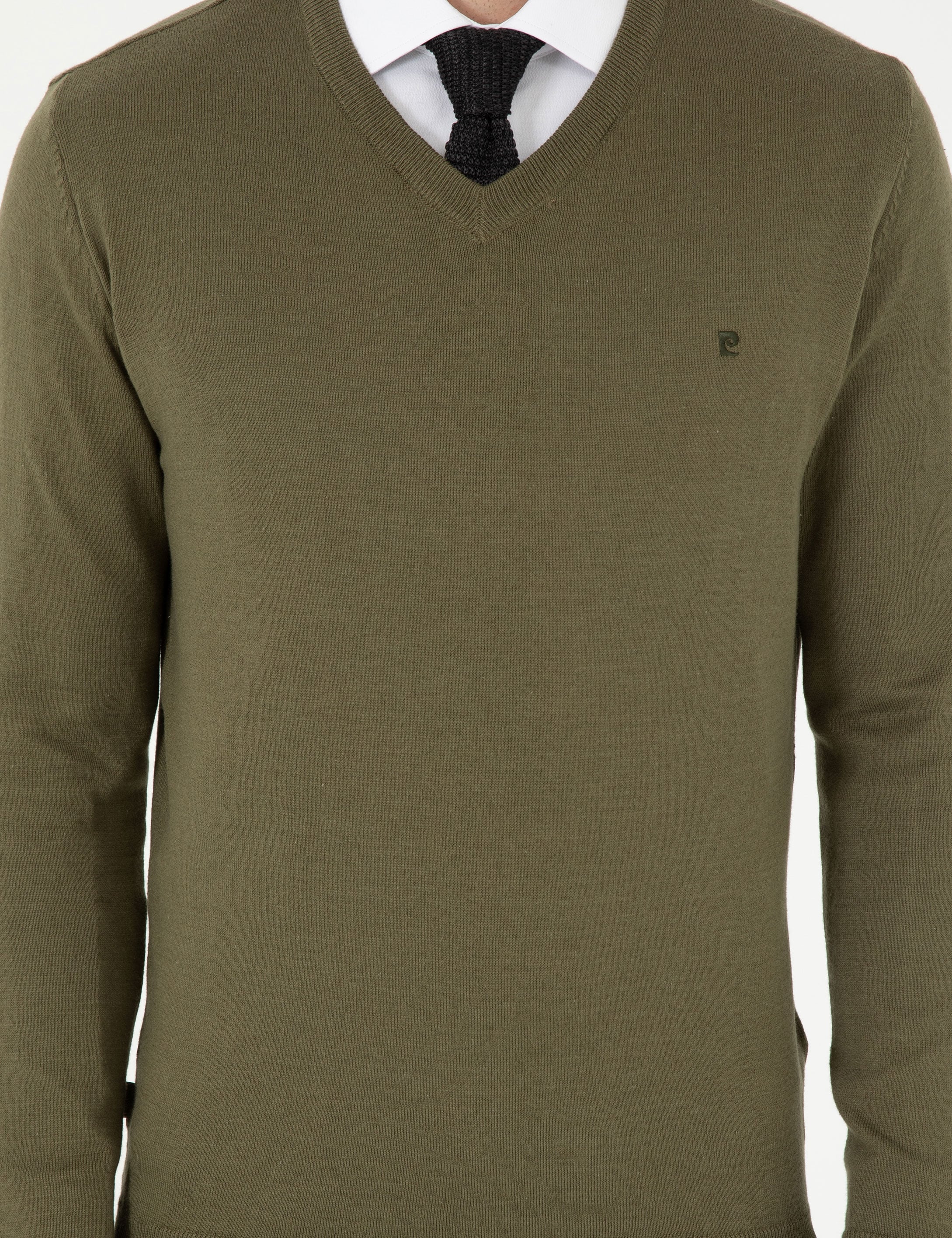 Koyu Haki Slim Fit V Yaka Basic Triko Kazak