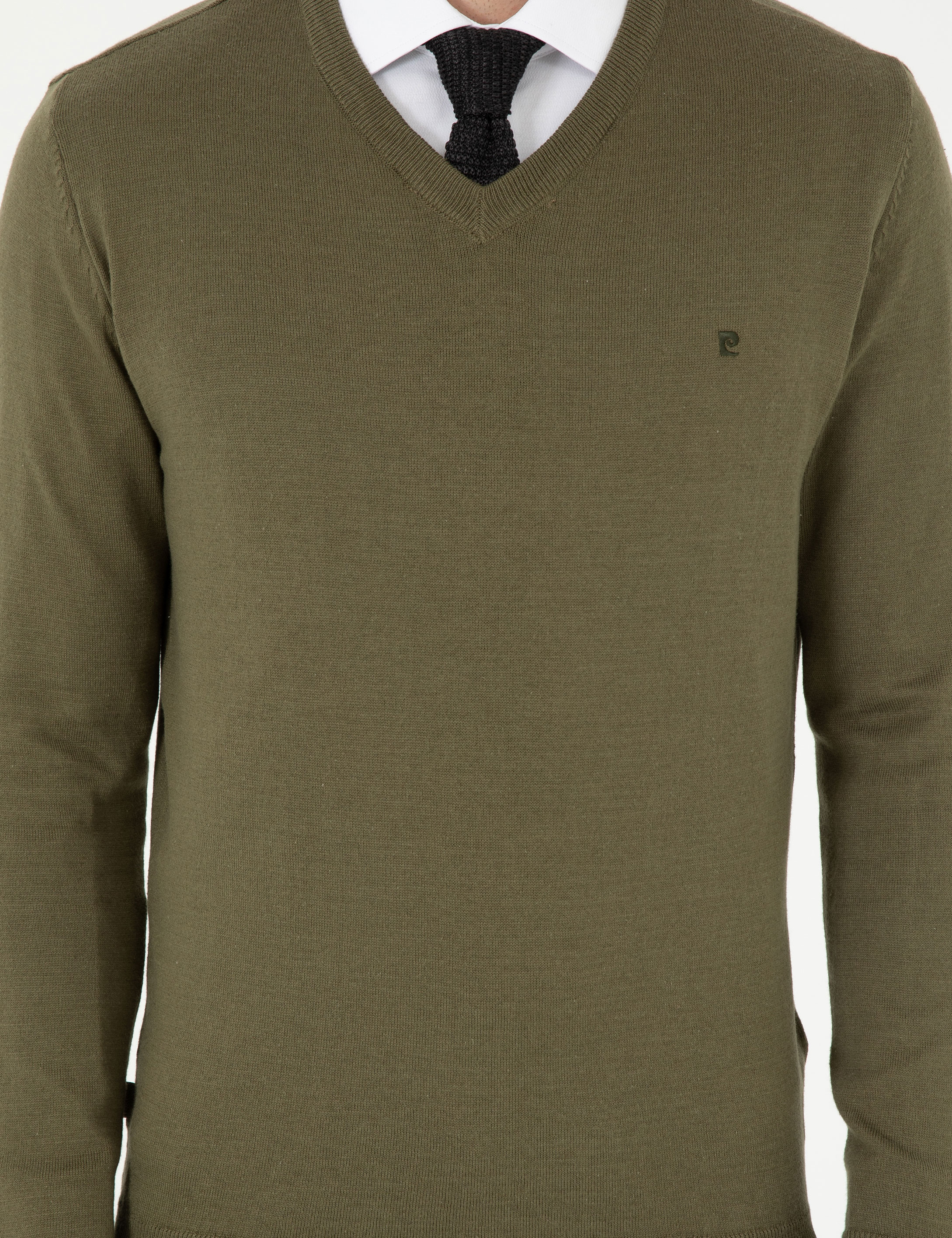 Koyu Haki Slim Fit V Yaka Basic Triko Kazak - Image 6