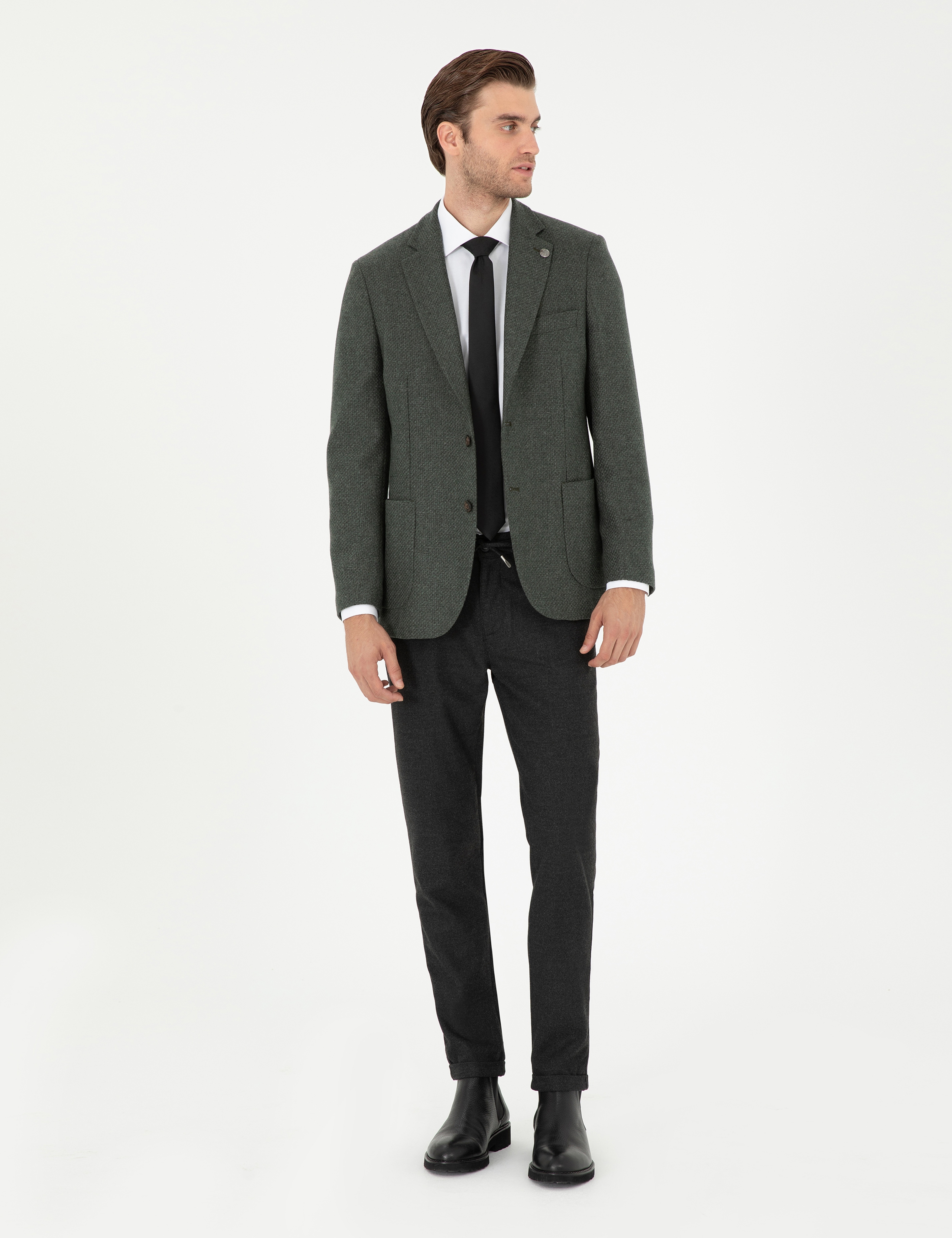 Antrasit Slim Fit Bağcıklı Kanvas Pantolon