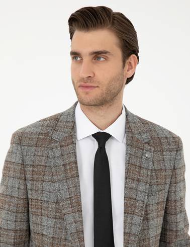 Füme Slim Fit Yün Karışımlı Ekose Ceket