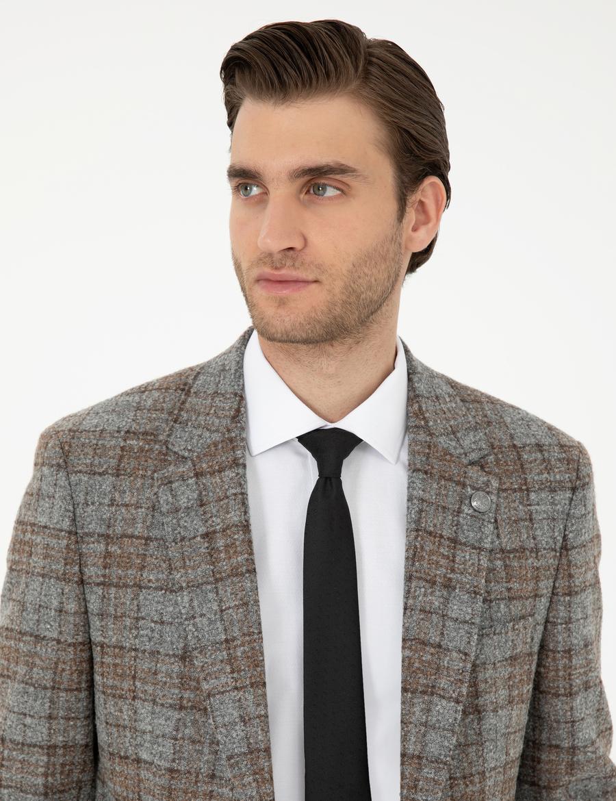 Füme Slim Fit Yün Karışımlı Ekose Ceket