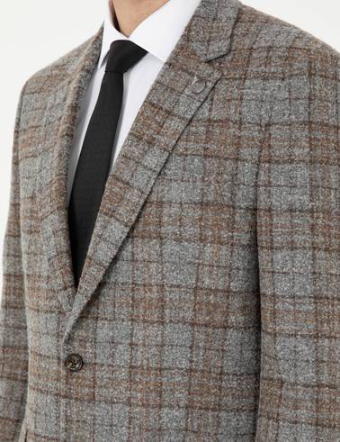 Füme Slim Fit Yün Karışımlı Ekose Ceket
