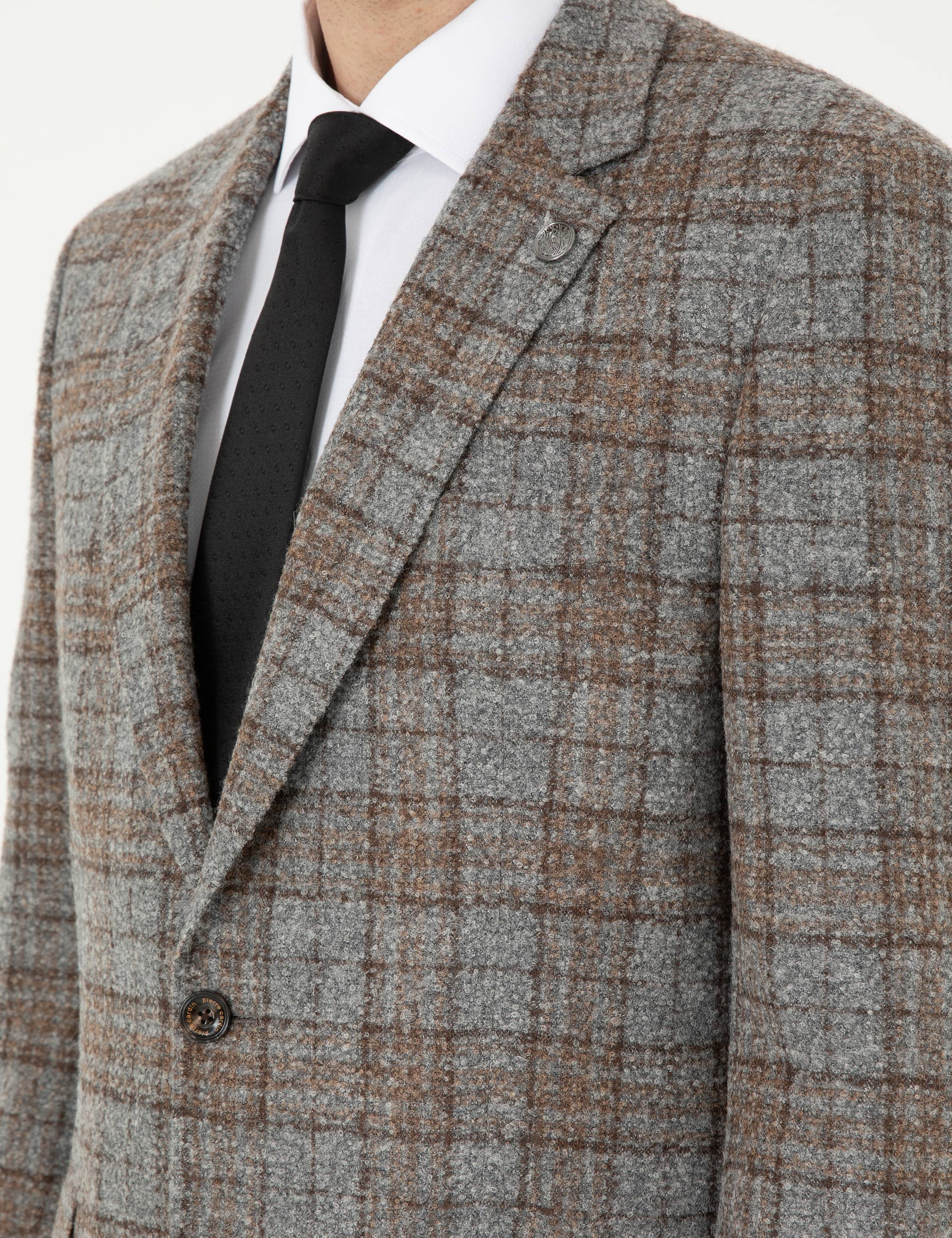 Füme Slim Fit Yün Karışımlı Ekose Ceket