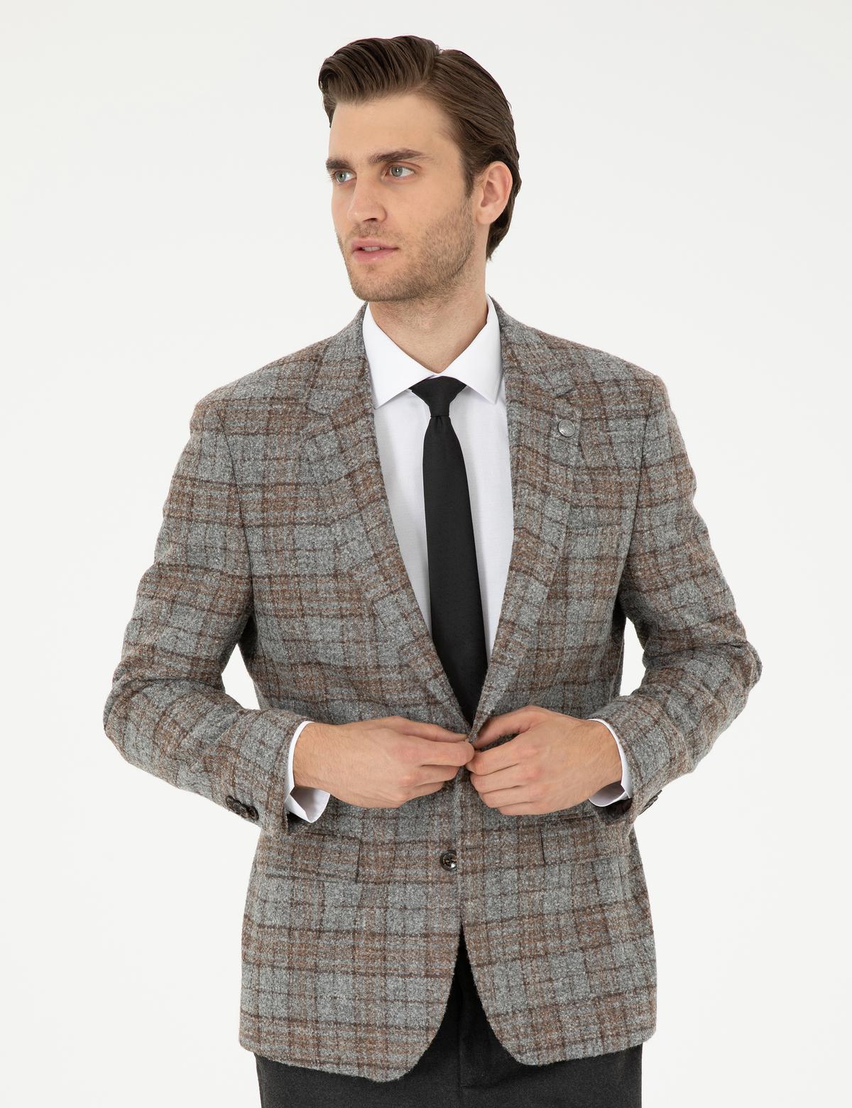 Füme Slim Fit Yün Karışımlı Ekose Ceket