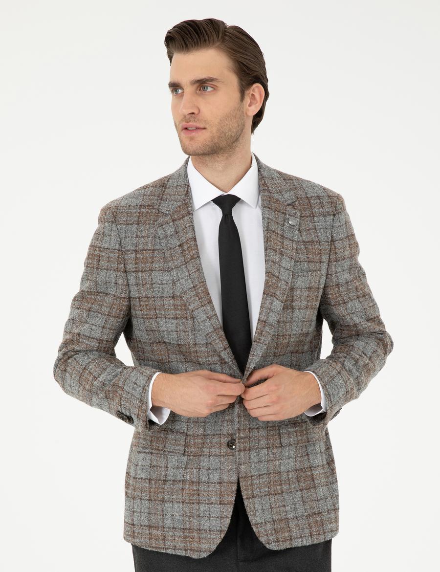 Füme Slim Fit Yün Karışımlı Ekose Ceket