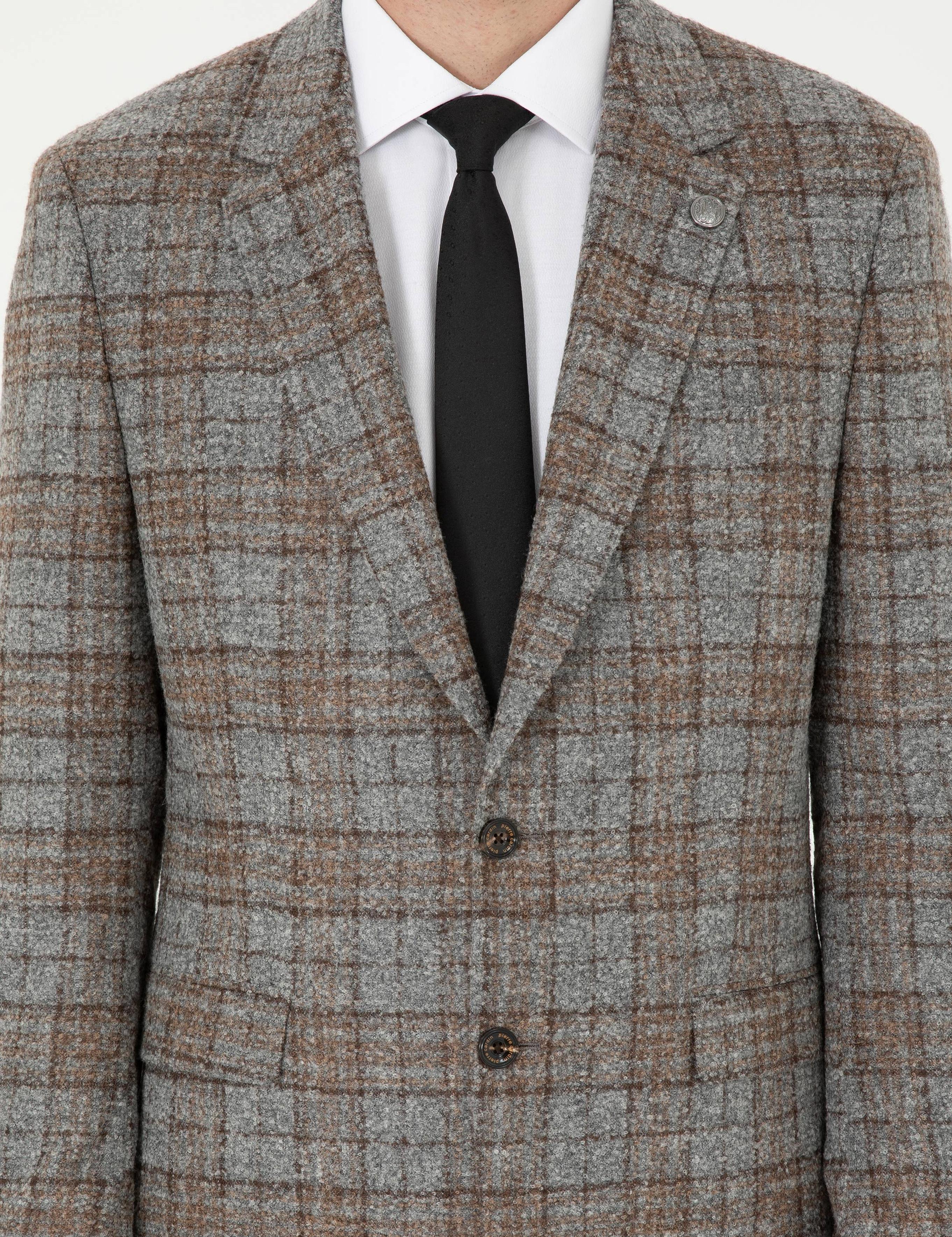 Füme Slim Fit Yün Karışımlı Ekose Ceket