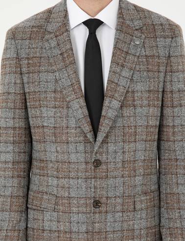 Füme Slim Fit Yün Karışımlı Ekose Ceket