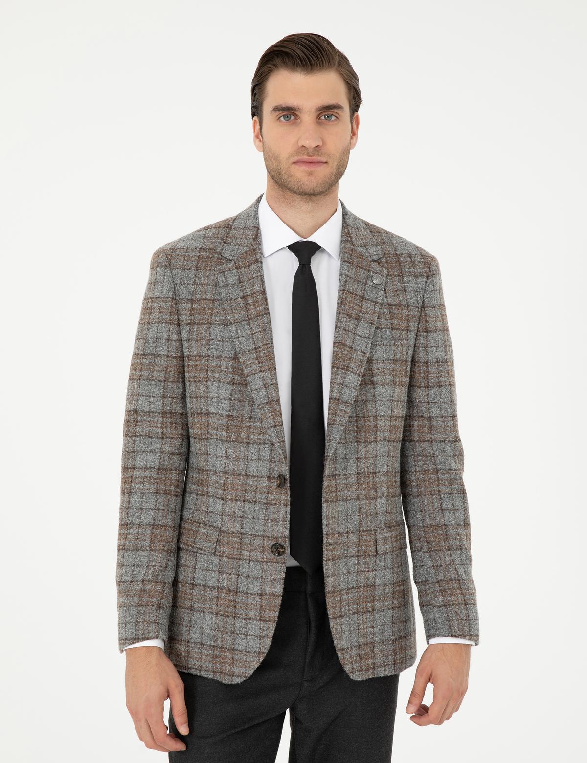 Füme Slim Fit Yün Karışımlı Ekose Ceket - 50295347017