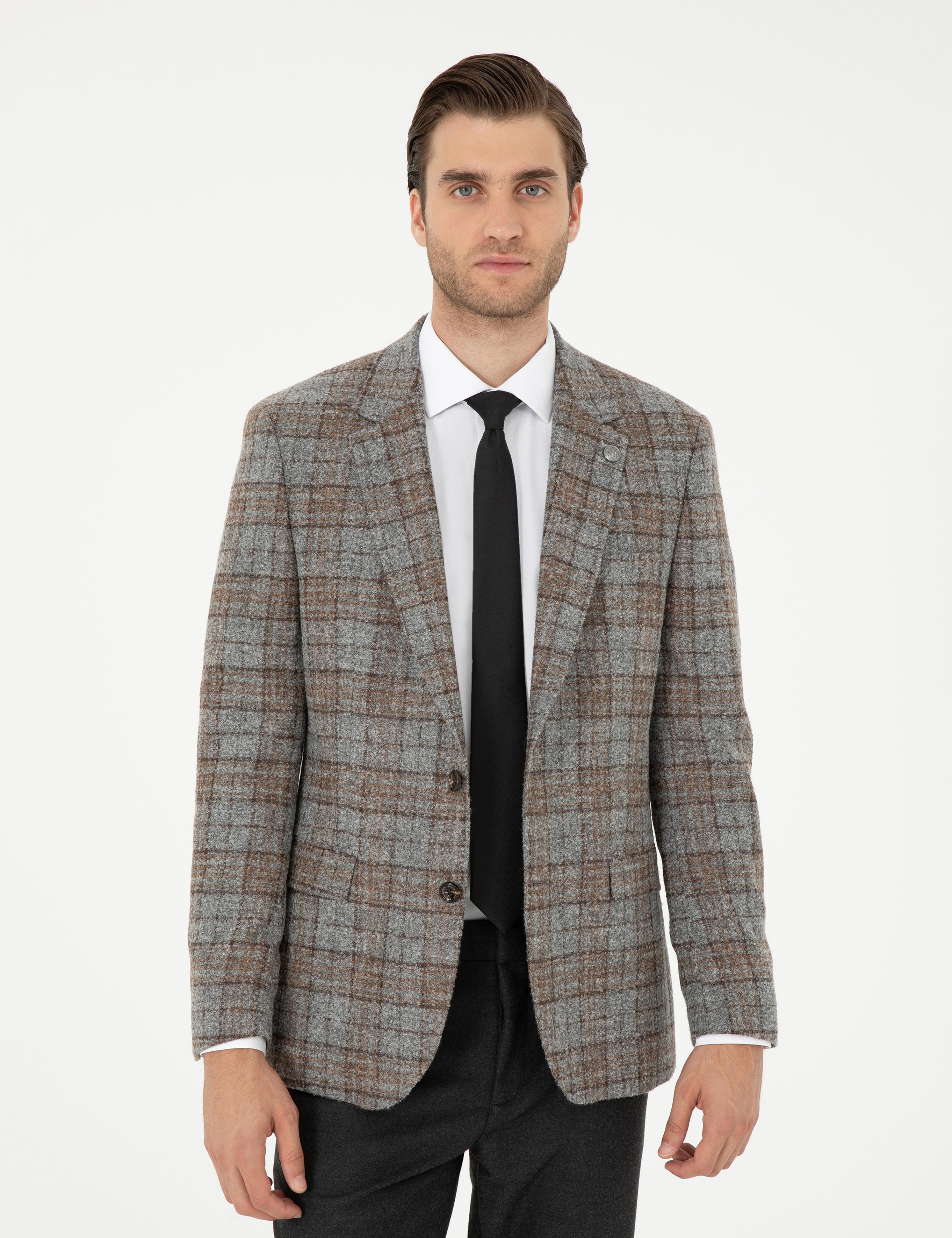 Füme Slim Fit Yün Karışımlı Ekose Ceket