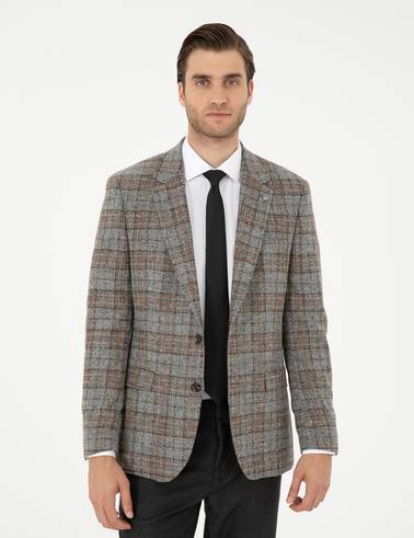 Füme Slim Fit Yün Karışımlı Ekose Ceket