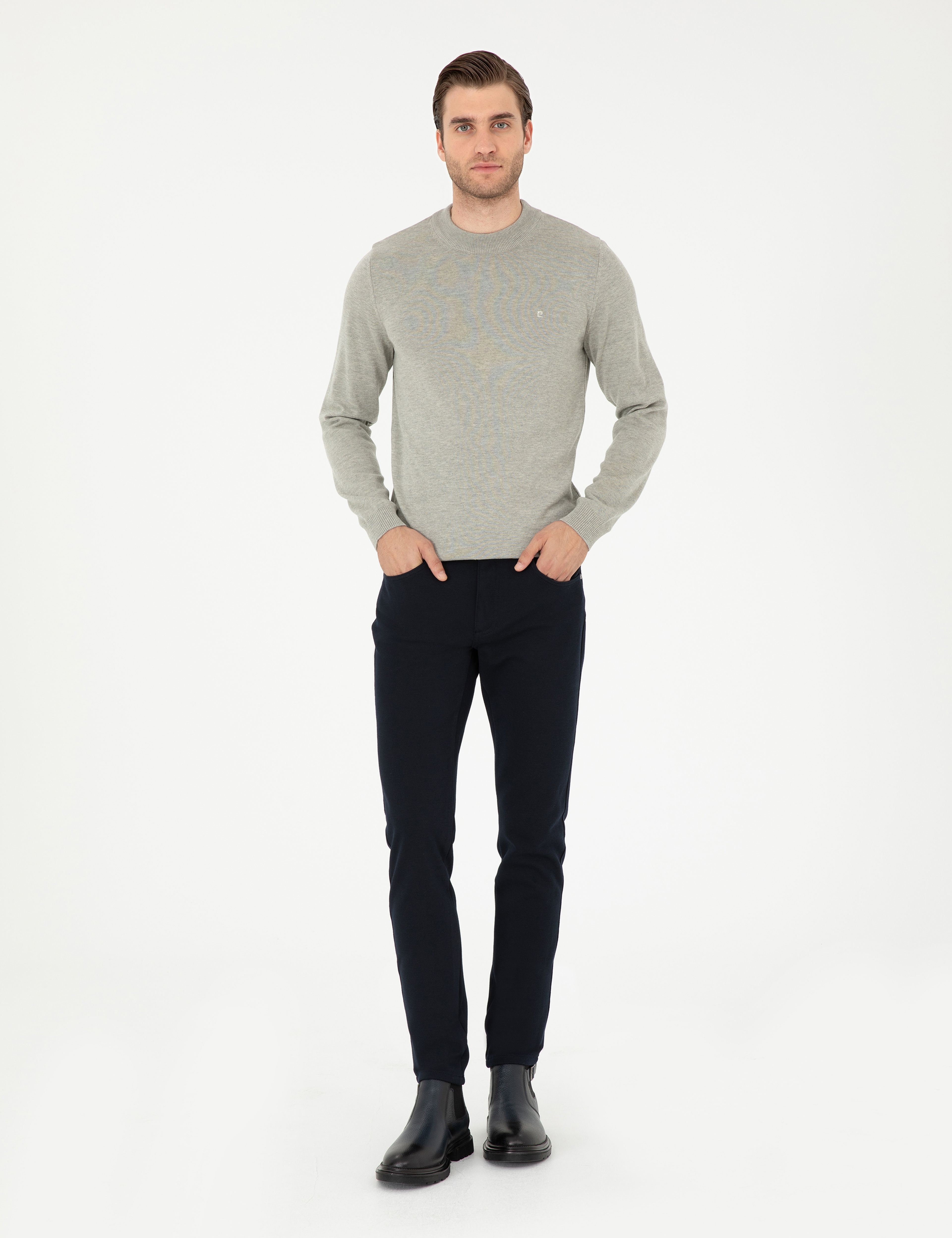 Açık Gri Melanj Slim Fit Çeyrek Yaka Basic Triko Kazak - Image 4