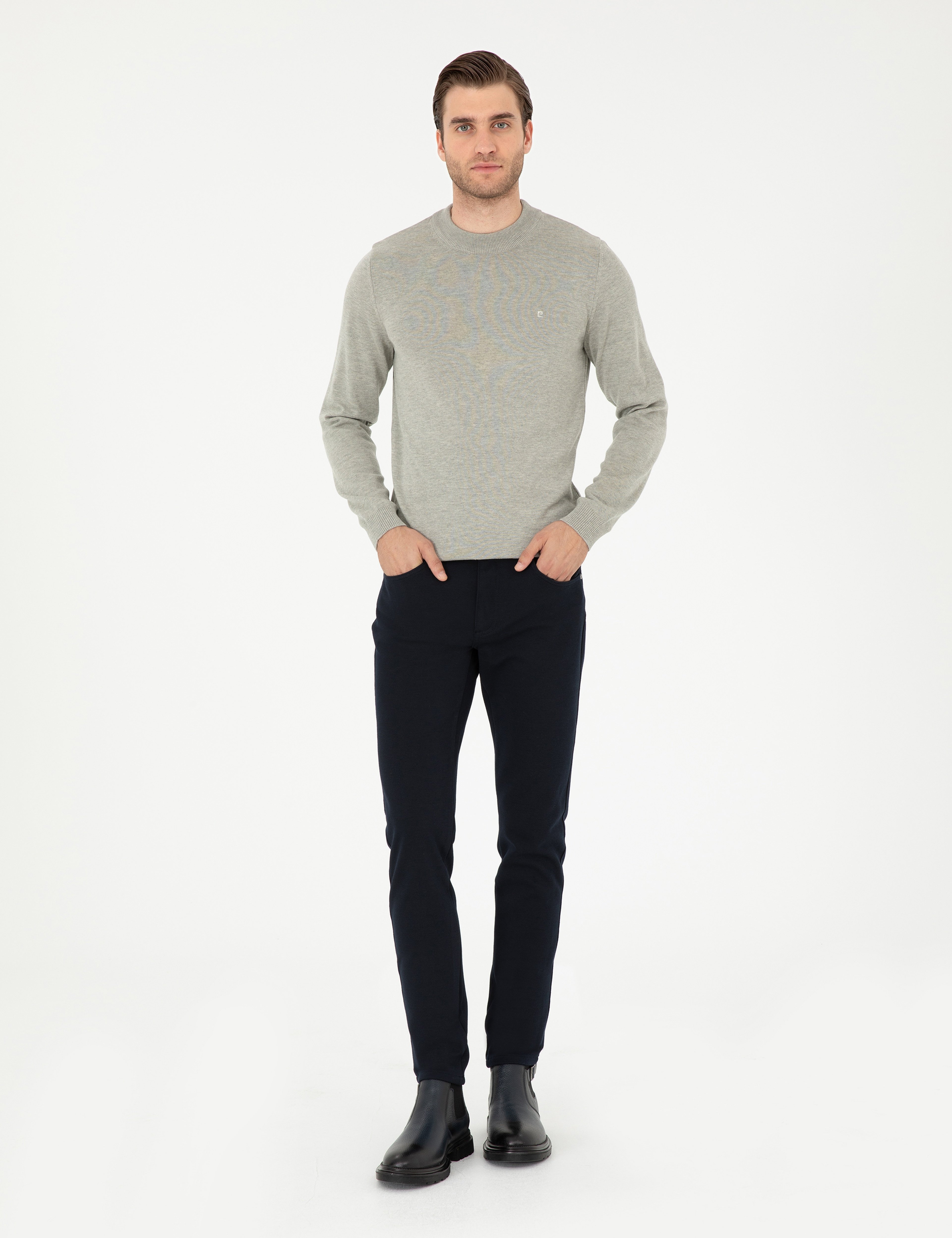 Açık Gri Melanj Slim Fit Çeyrek Yaka Basic Triko Kazak