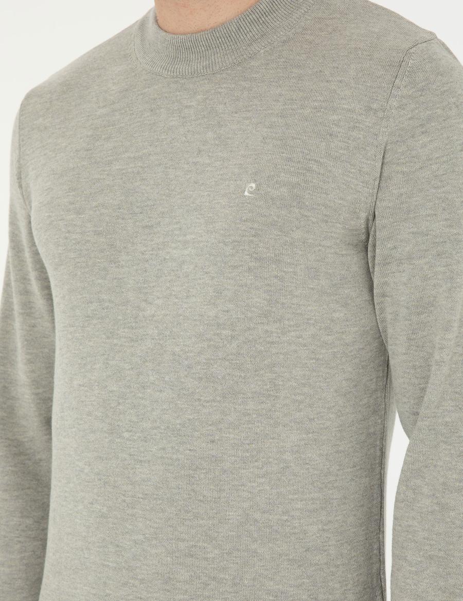 Açık Gri Melanj Slim Fit Çeyrek Yaka Basic Triko Kazak