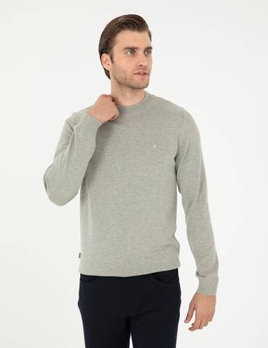 Açık Gri Melanj Slim Fit Çeyrek Yaka Basic Triko Kazak