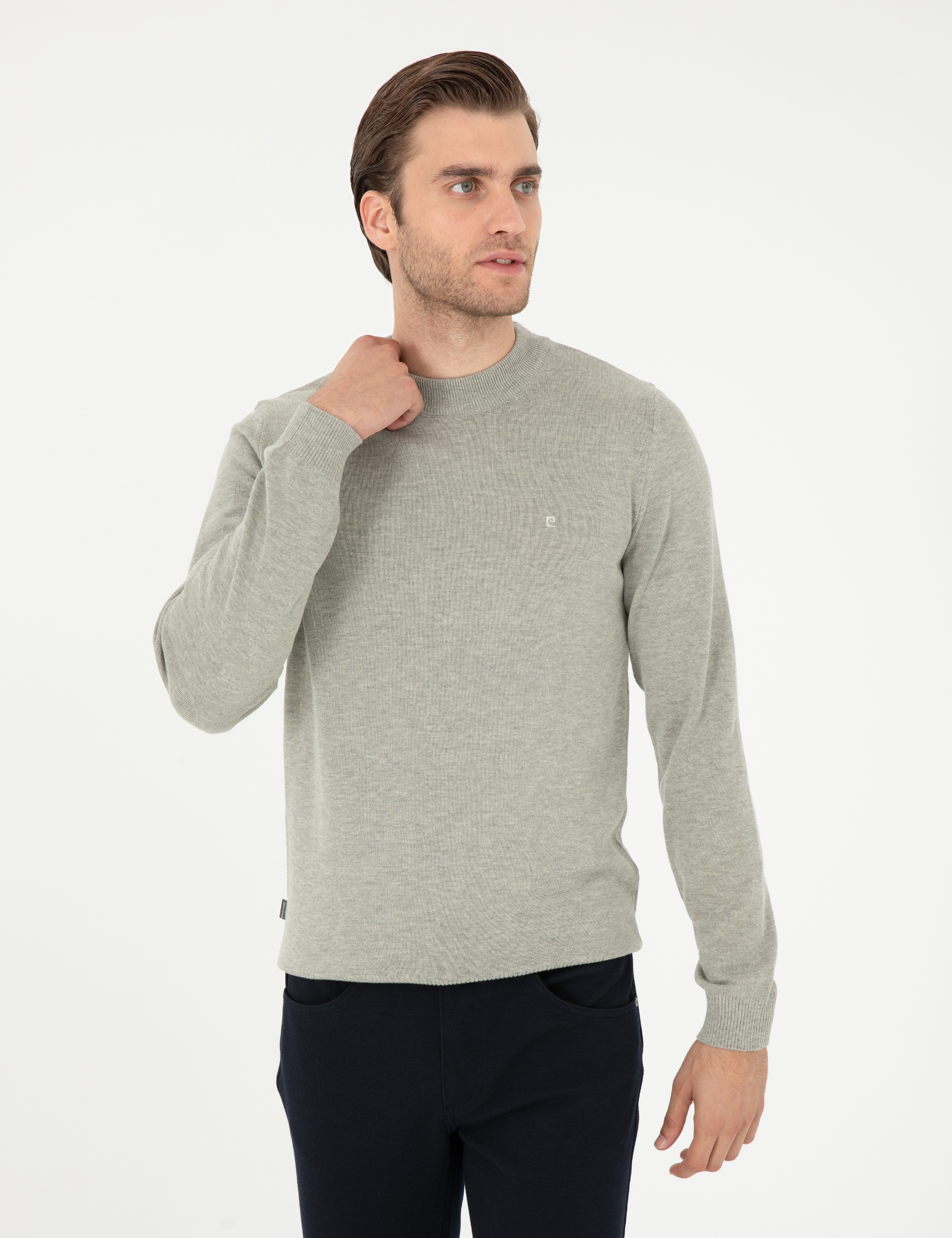 Açık Gri Melanj Slim Fit Çeyrek Yaka Basic Triko Kazak
