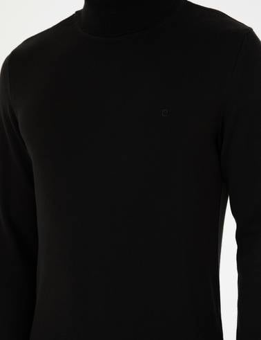 Siyah Slim Fit Balıkçı Yaka Basic Triko Kazak