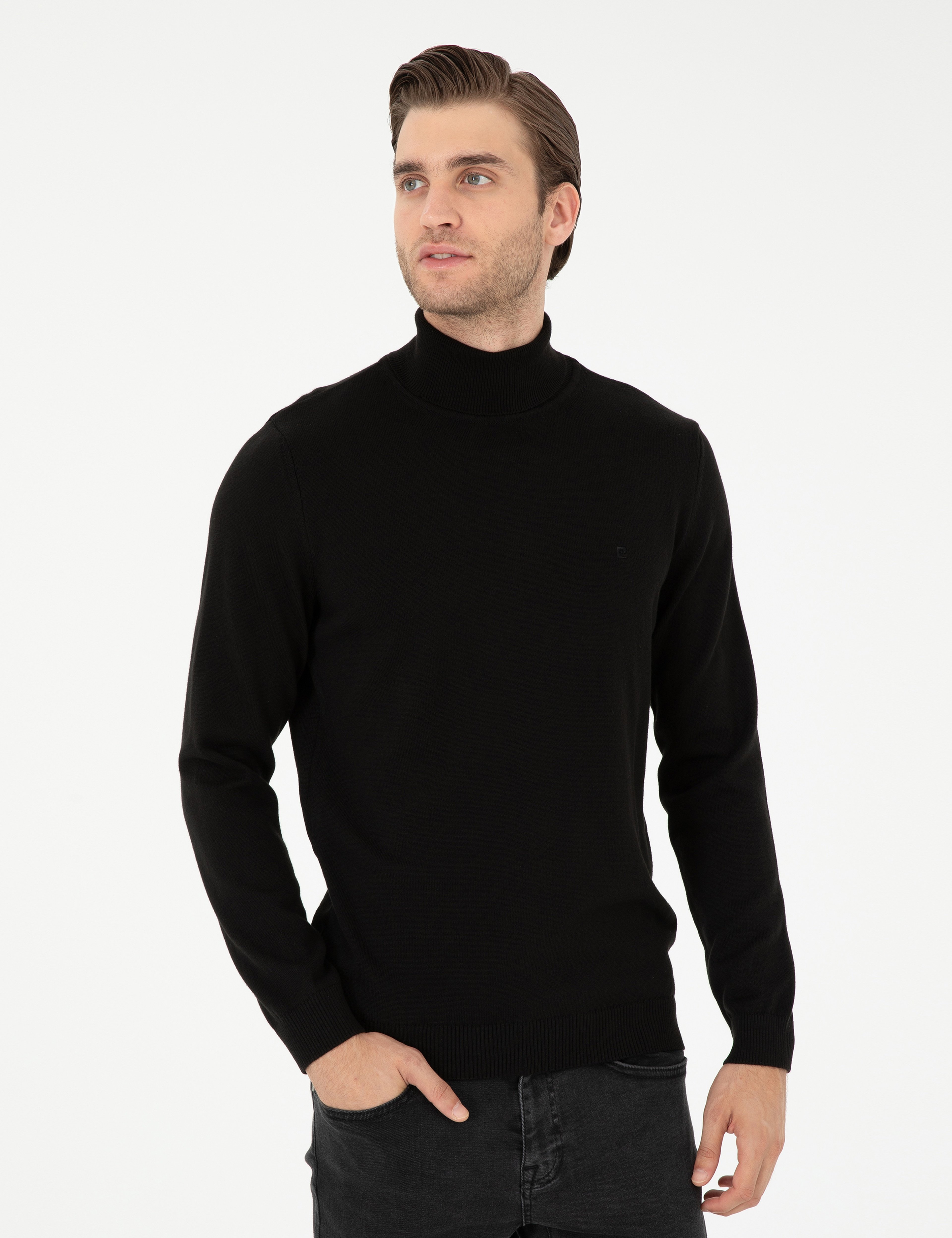 Siyah Slim Fit Balıkçı Yaka Basic Triko Kazak - Image 1