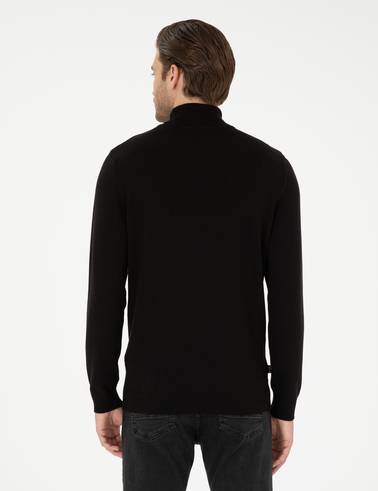 Siyah Slim Fit Balıkçı Yaka Basic Triko Kazak