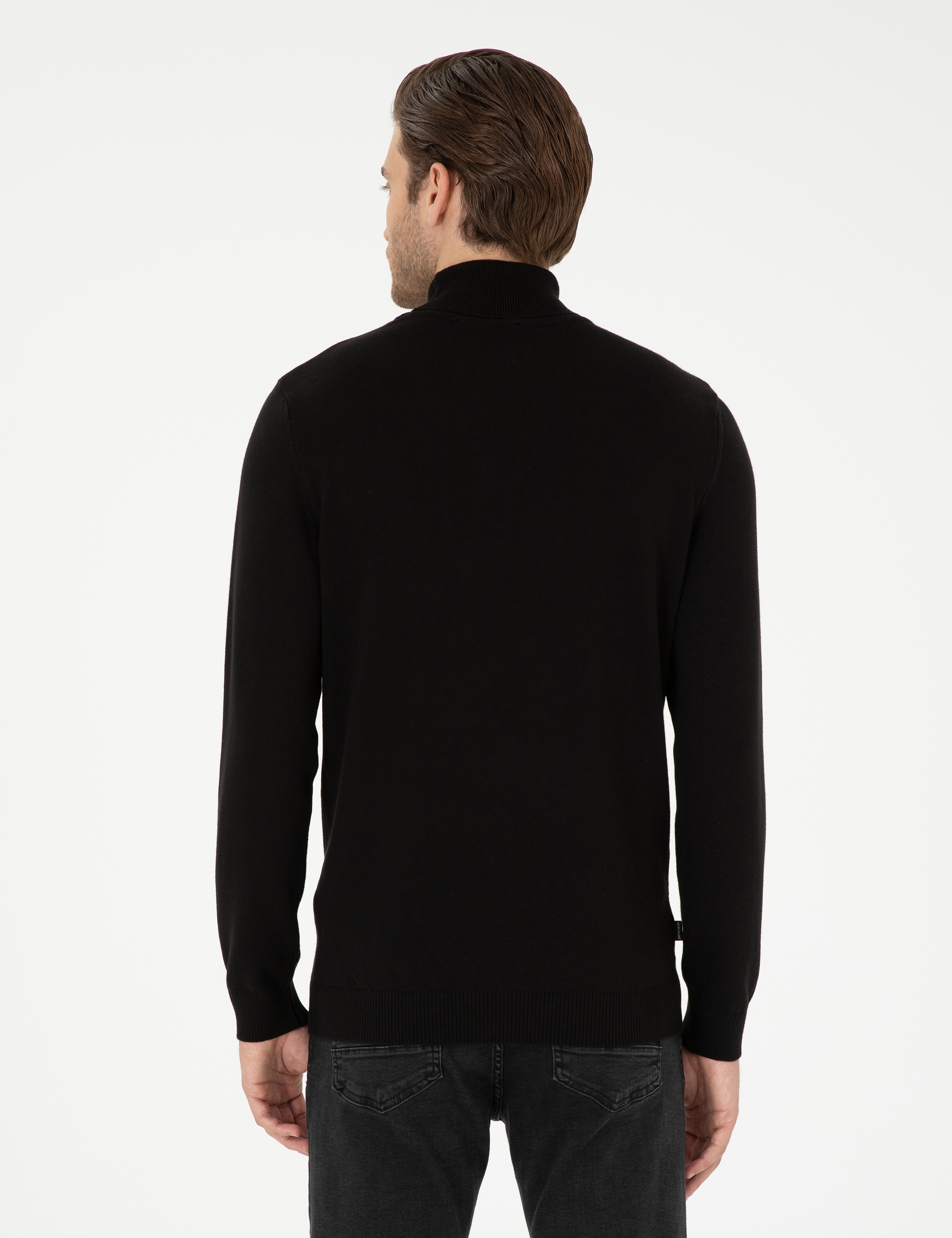 Siyah Slim Fit Balıkçı Yaka Basic Triko Kazak