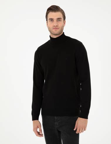Siyah Slim Fit Balıkçı Yaka Basic Triko Kazak