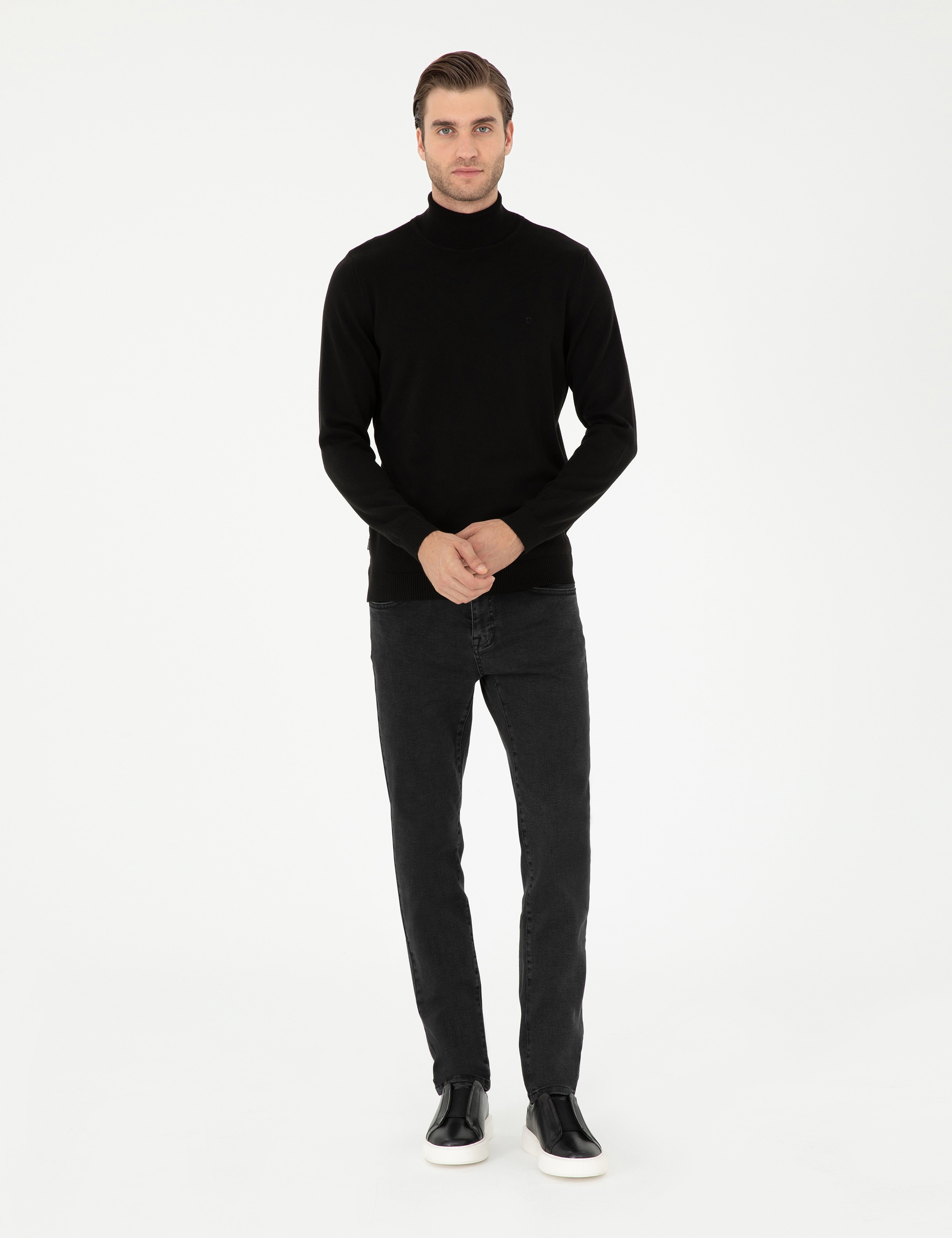 Siyah Slim Fit Balıkçı Yaka Basic Triko Kazak